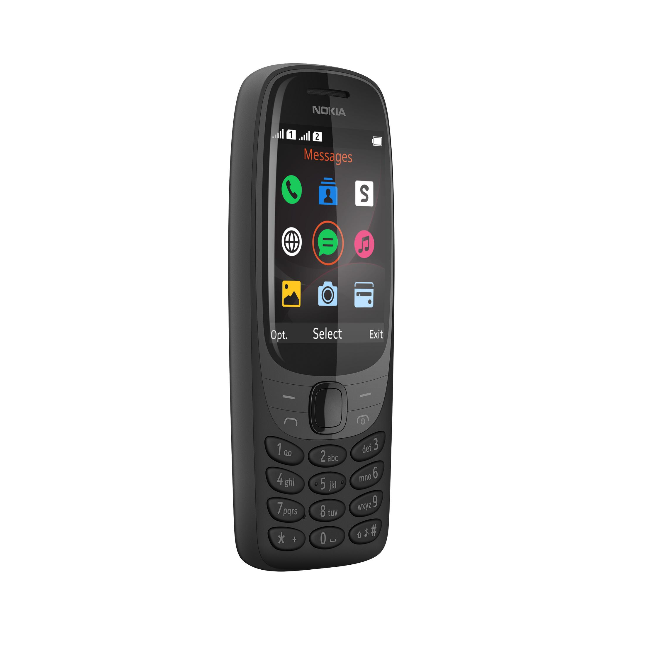 Schwarzes Nokia-Telefon mit Tastatur und Symbolen auf dem Bildschirm. Das Telefon vor weißem Hintergrund.