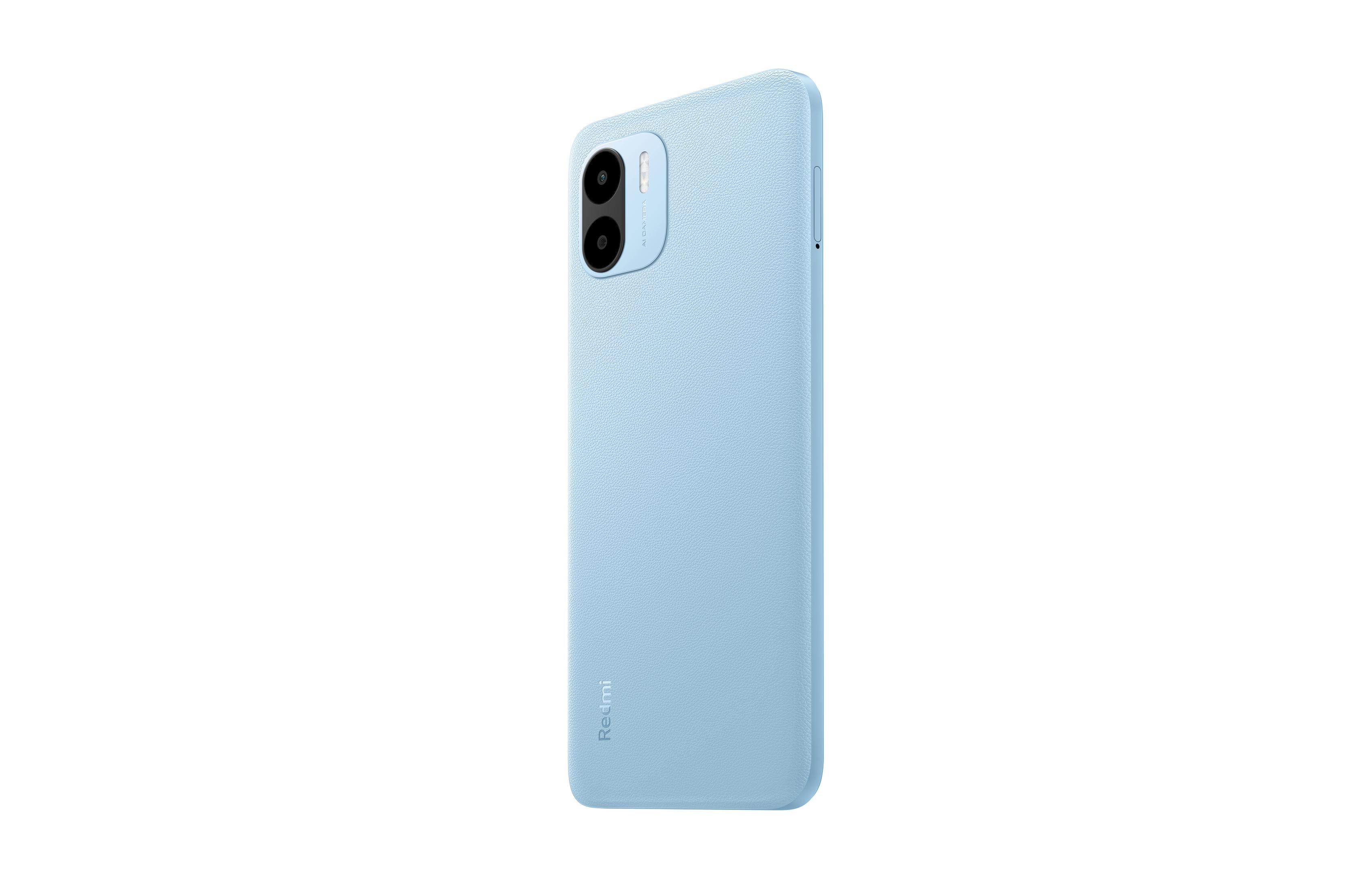 Hellblaues Redmi-Telefon, Rückansicht, mit Dual-Kamera und Redmi-Logo.