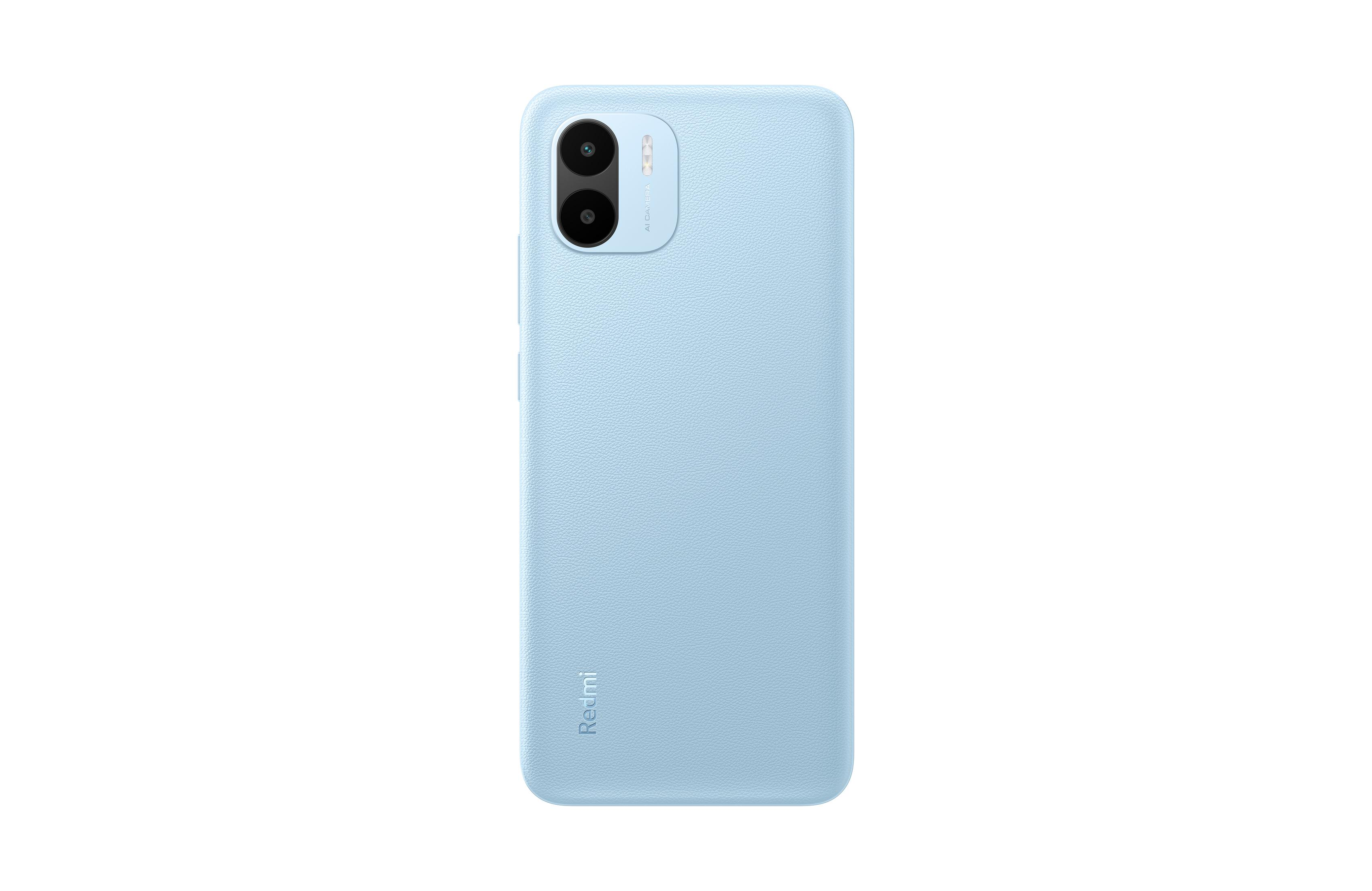 Hellblaues Telefon mit Dual-Kamera und Redmi-Logo auf der Rückseite.
