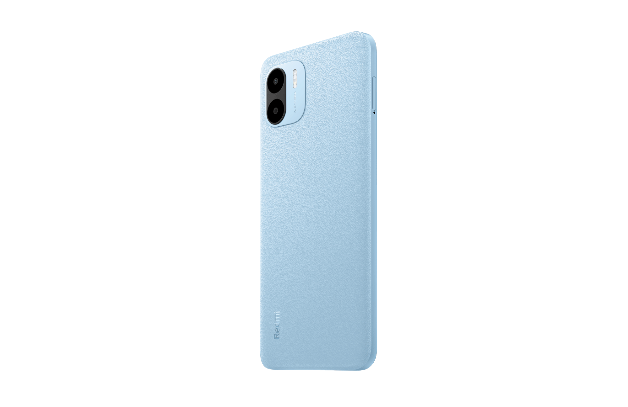 Hellblaues Smartphone von hinten. Es hat zwei Kameras und ein Redmi-Logo.