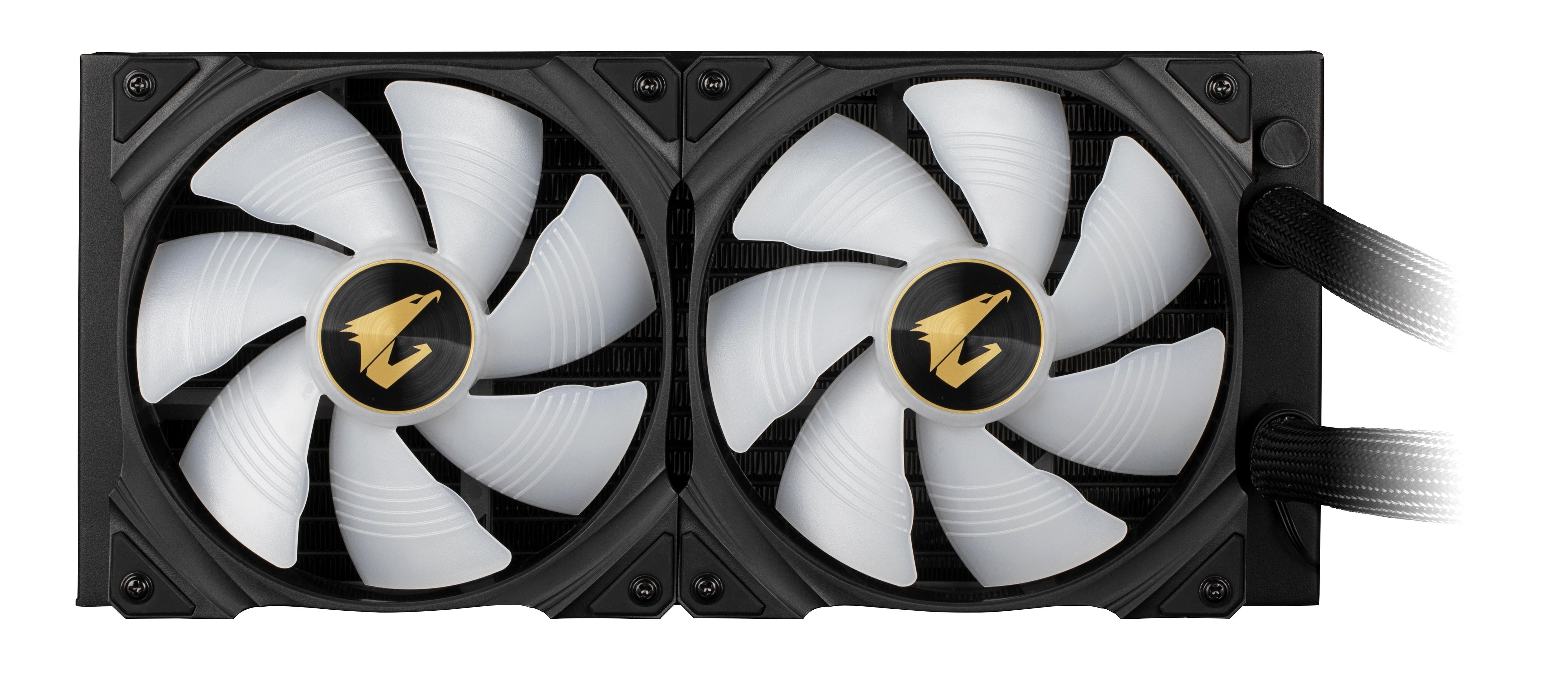 Computer-Kühlsystem mit zwei Lüftern. Die Lüfter haben schwarze Rahmen und weiße Flügel, goldene Logos.