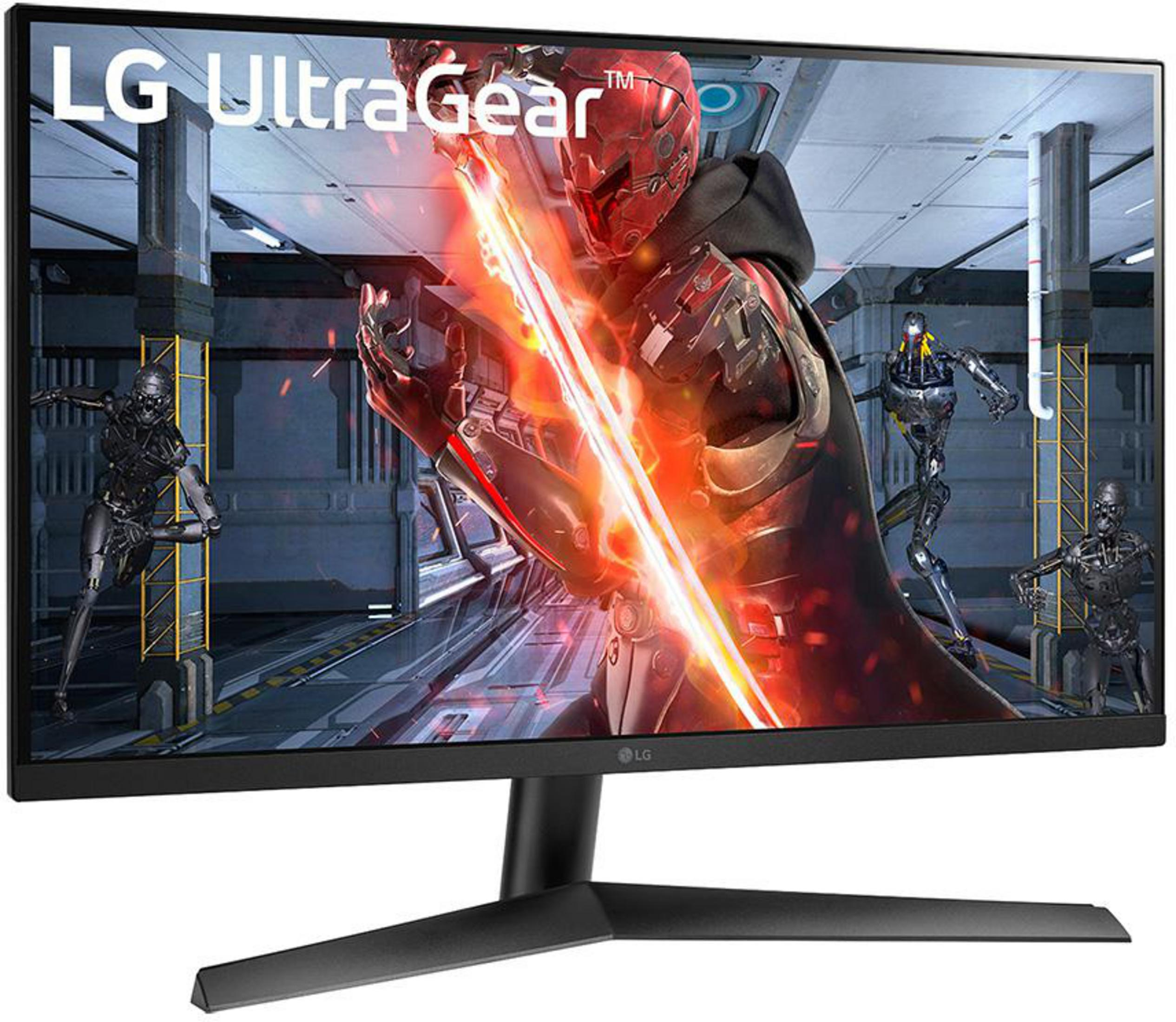 Monitor gaming LG UltraGear con soporte negro. Muestra una escena de juego con personajes. Bisel negro.