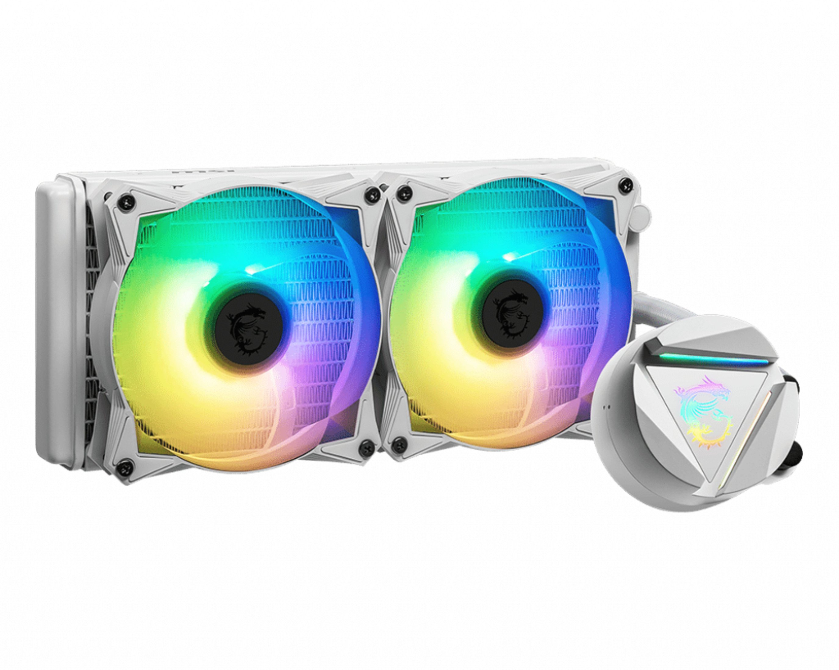 Enfriador de agua para computadora blanco con dos ventiladores, luces RGB y logo MSI.