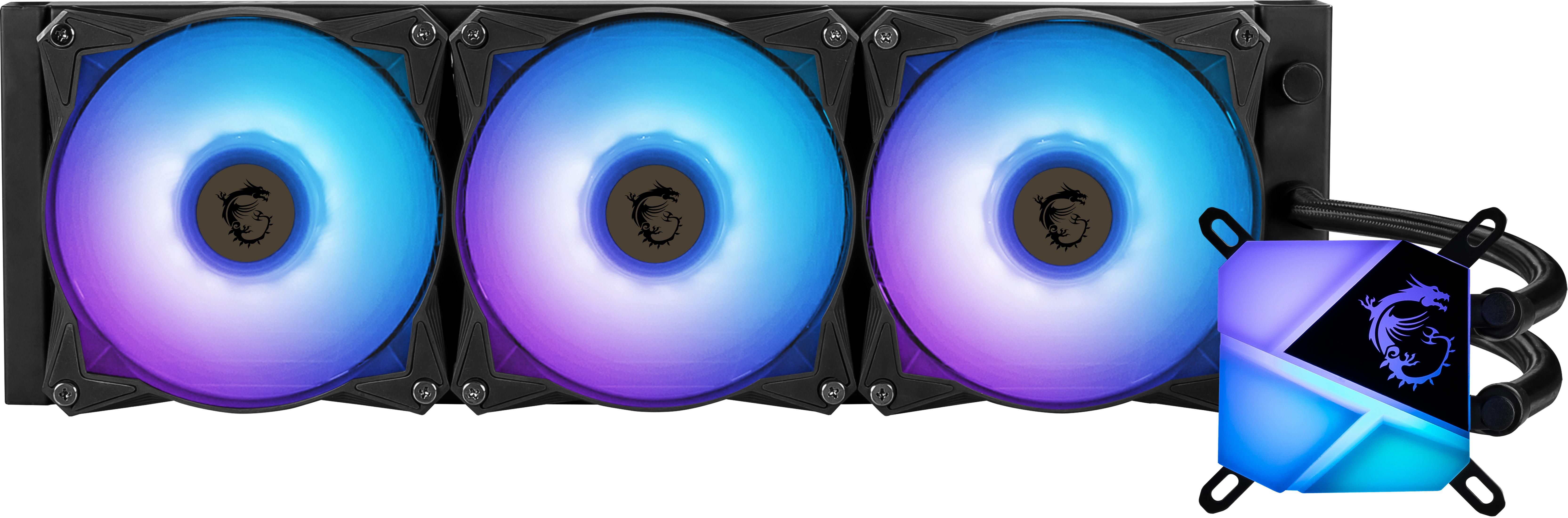 Enfriador líquido MSI con tres ventiladores y un bloque de agua. Los ventiladores son coloridos, el bloque tiene un logo.
