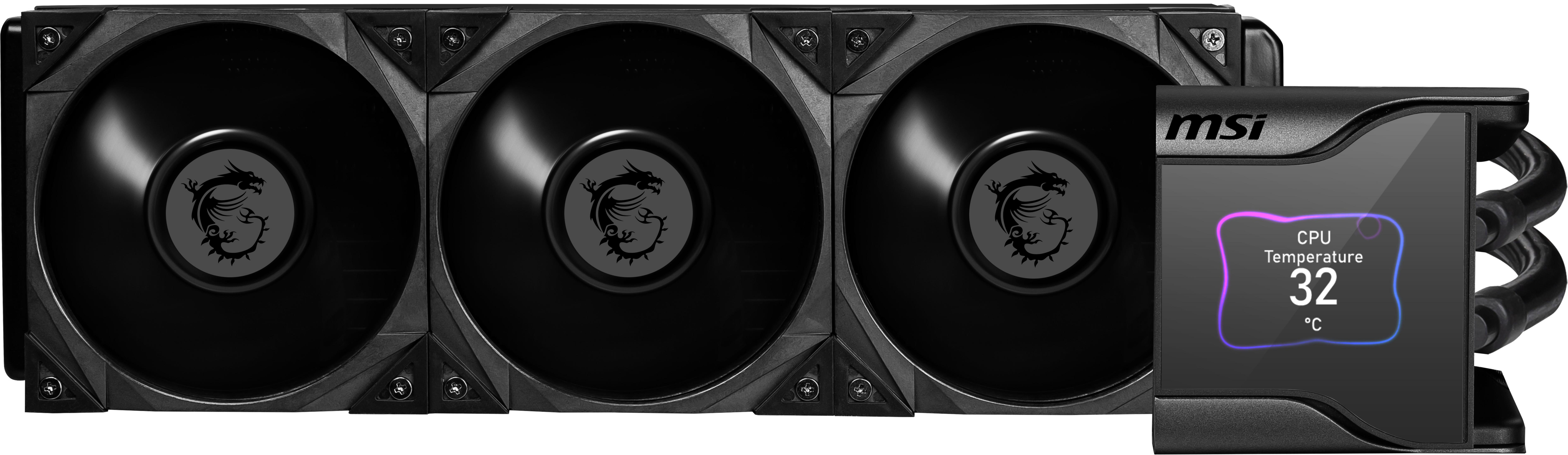 Set di 3 ventole per computer nere con logo MSI e display digitale. Sfondo nero.