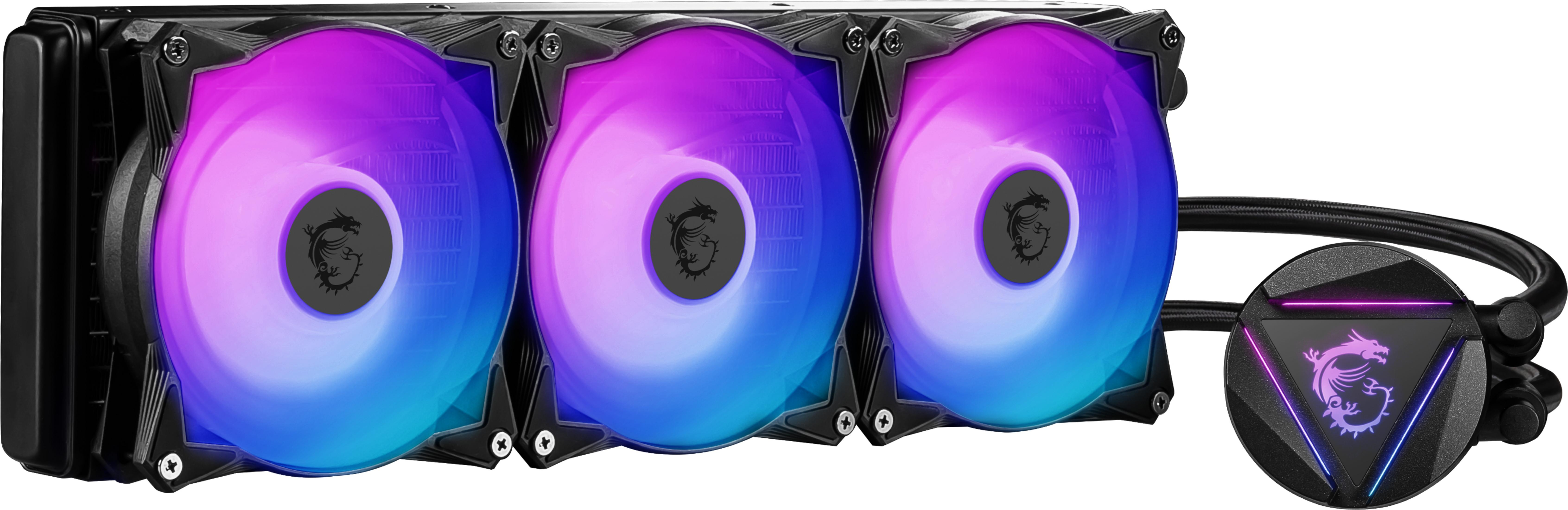 Un dissipatore per computer con tre ventole con luci LED colorate.