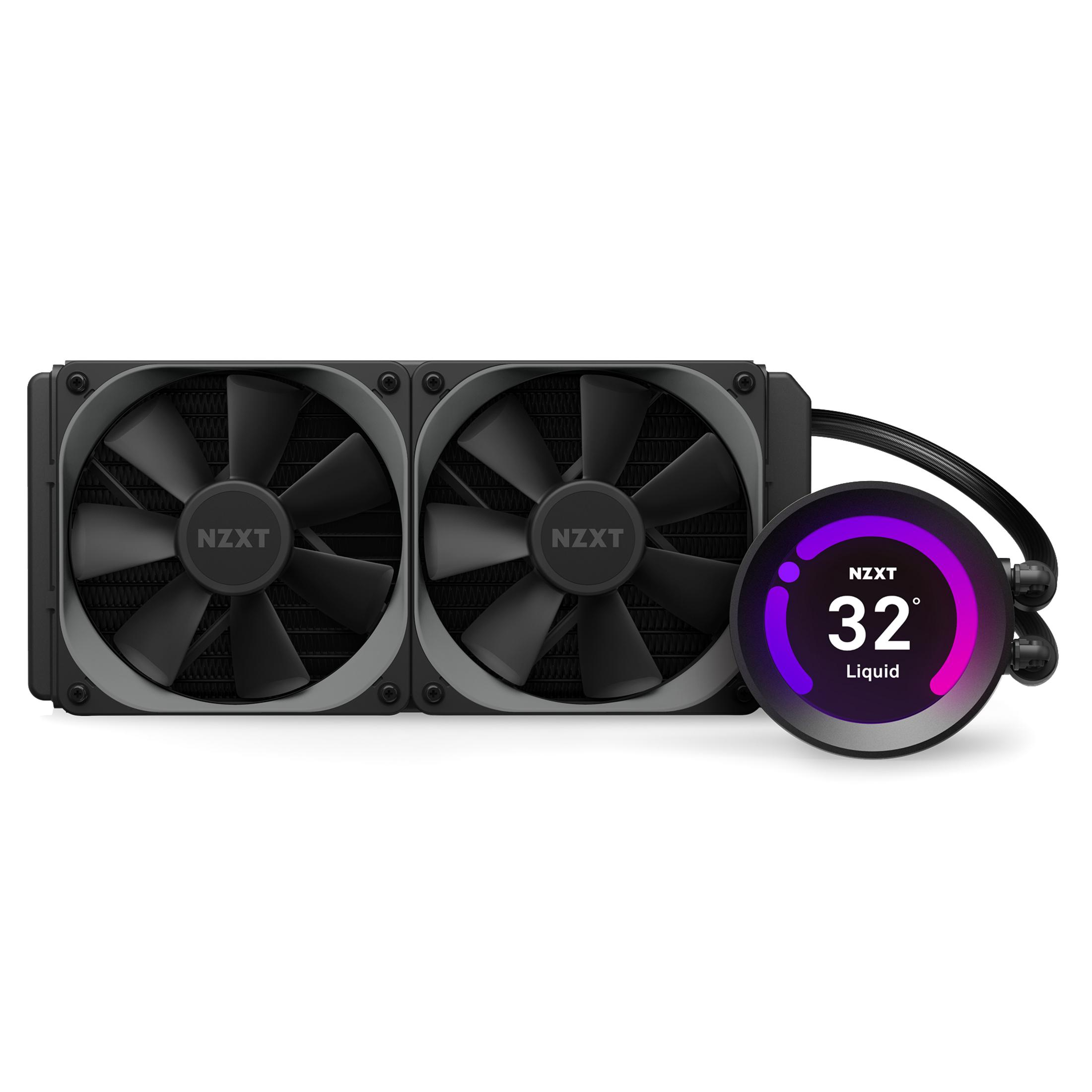 NZXT-Flüssigkeitskühler mit zwei Lüftern und einem runden Display, das die Temperatur (32°) anzeigt.
