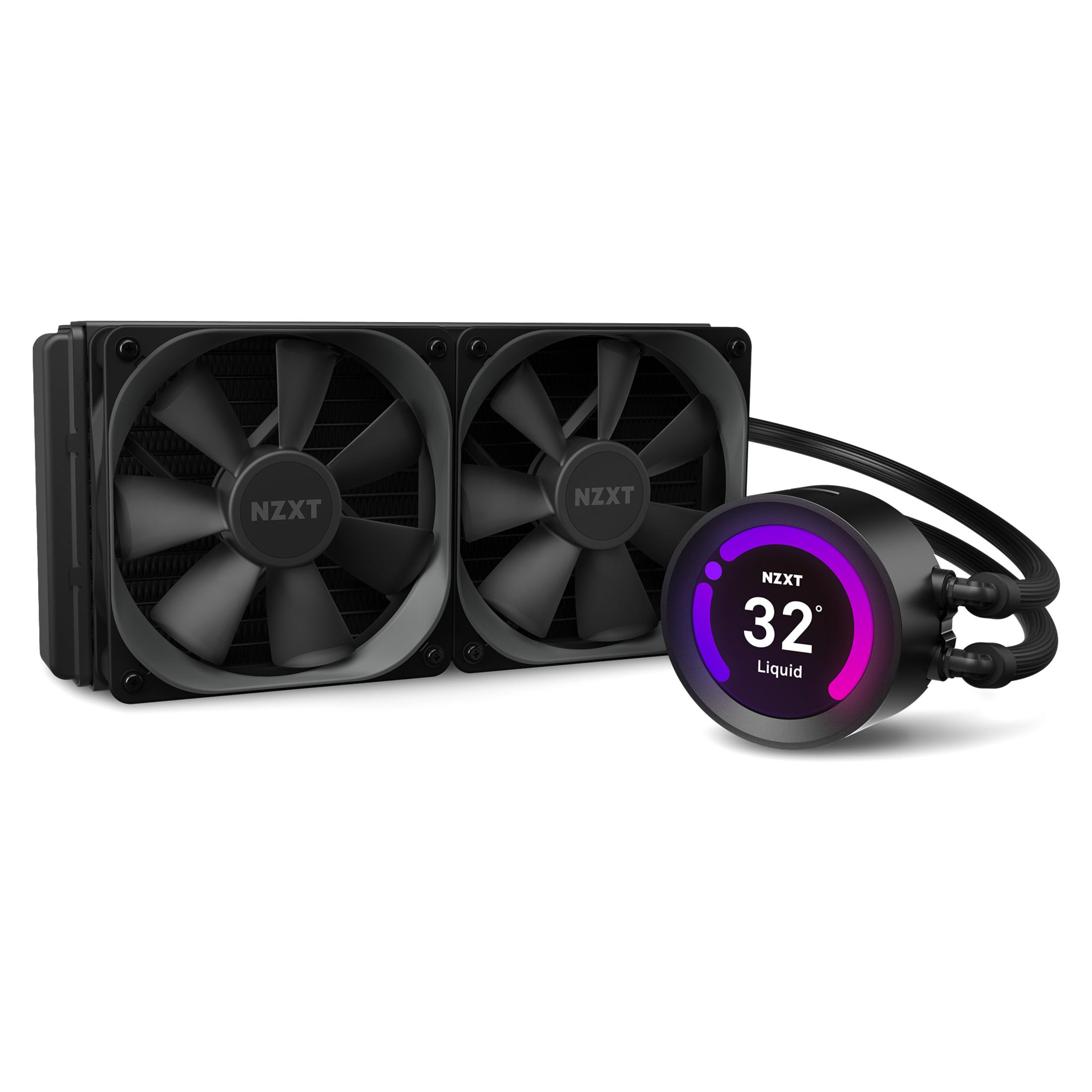 NZXT-Flüssigkeitskühler mit schwarzen Lüftern und kreisförmiger Temperaturanzeige.