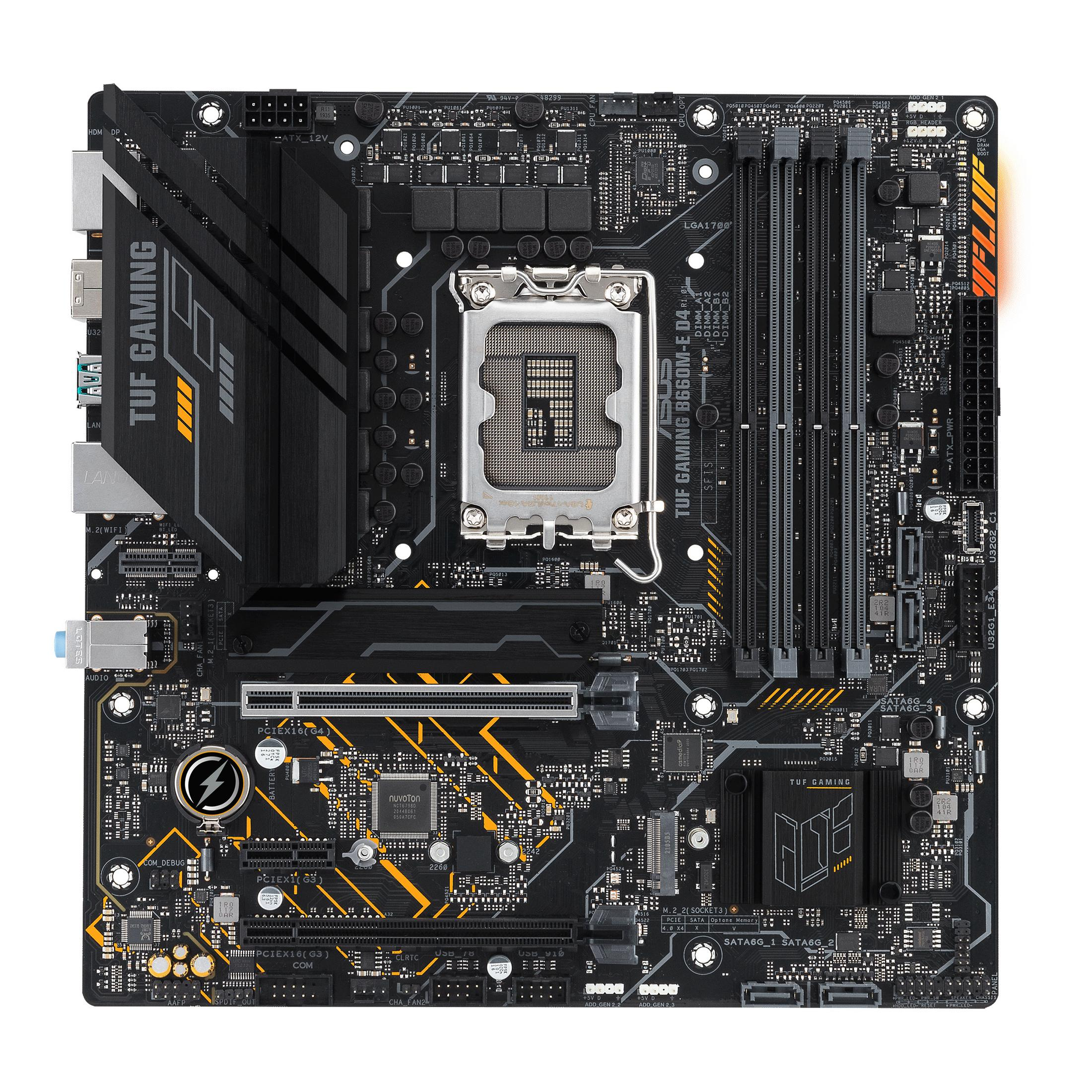Scheda madre con dettagli gialli e neri, con socket CPU.