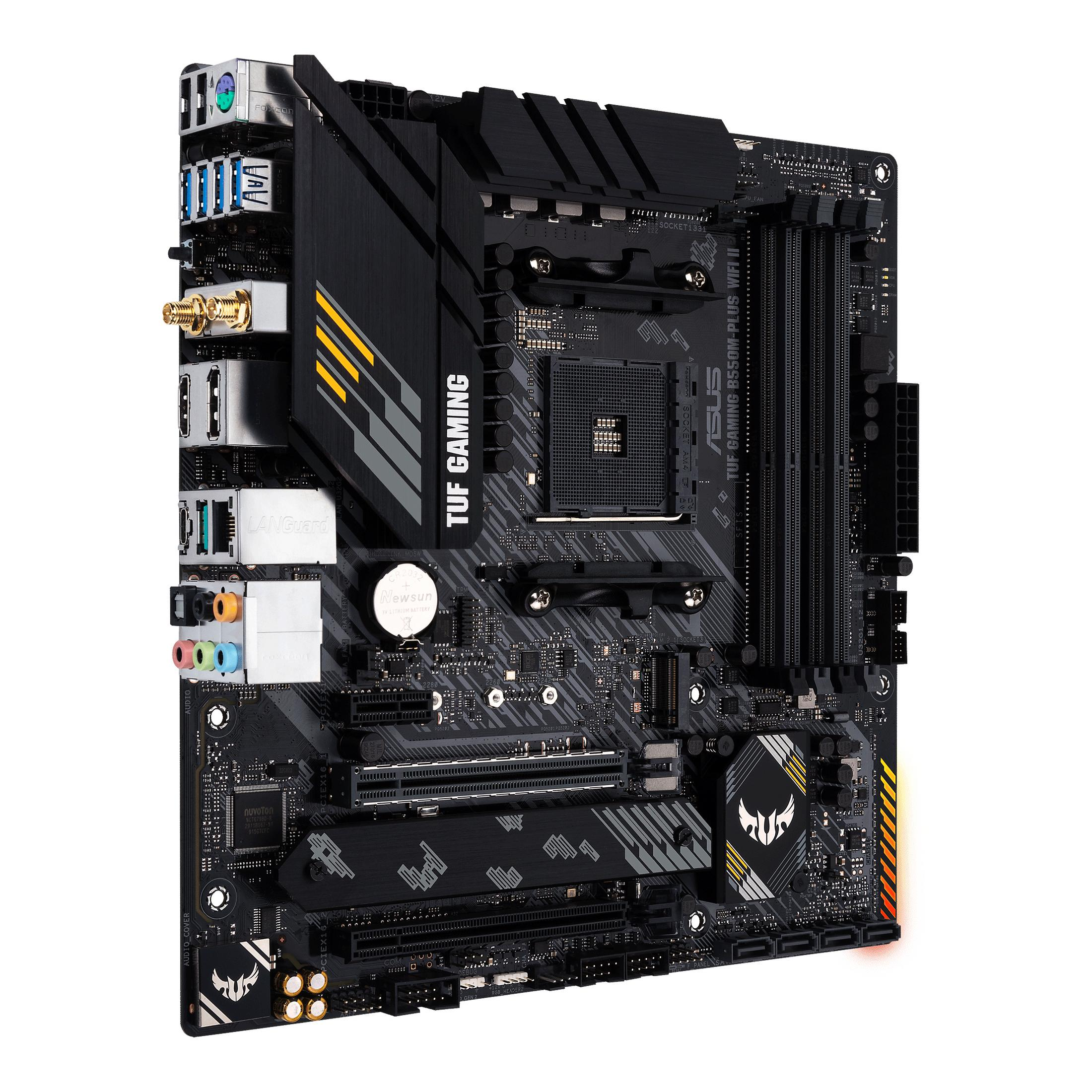 Schwarzes ASUS TUF GAMING Mainboard mit vielen Komponenten. Gelbe Akzente.