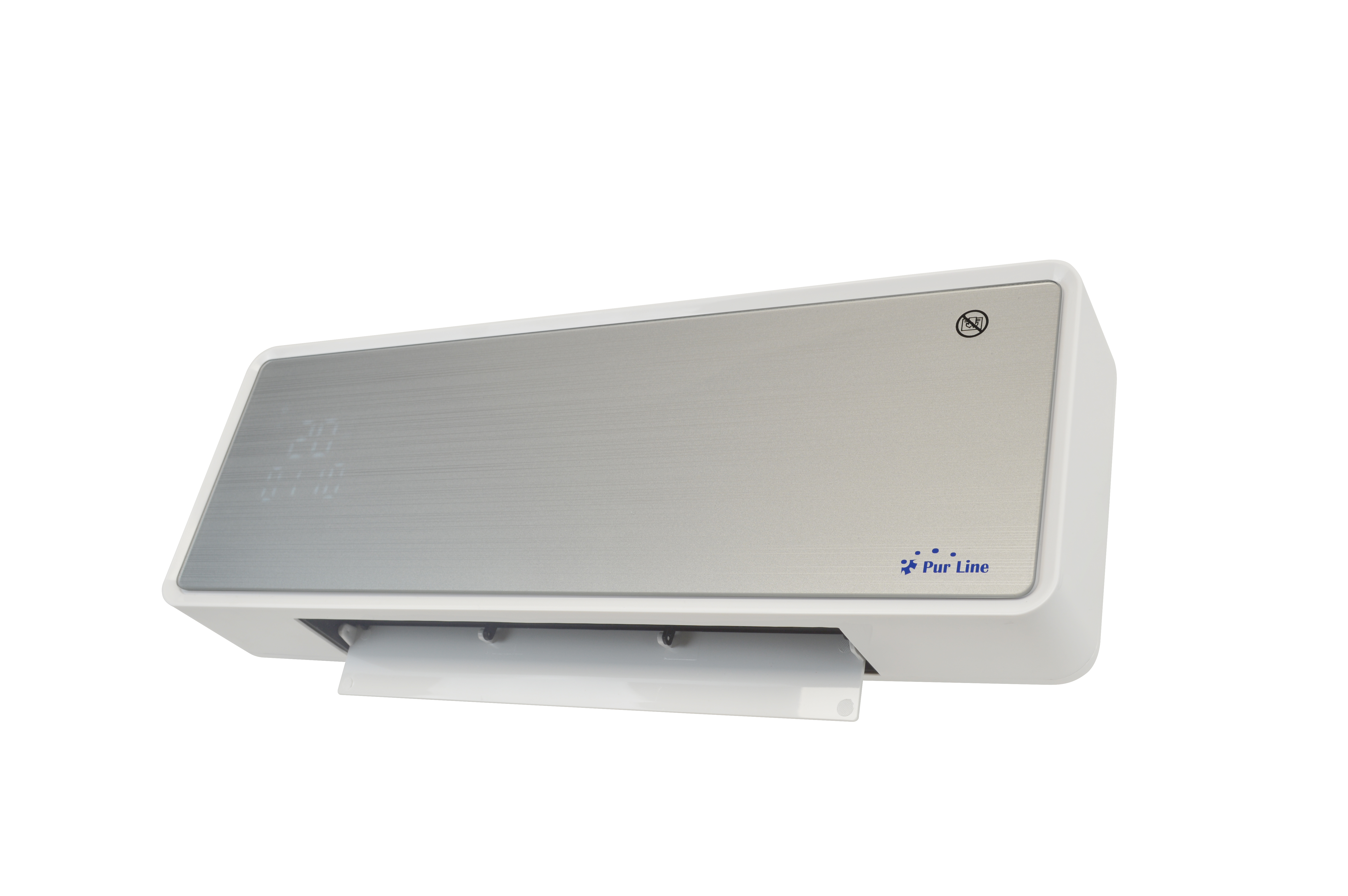 Eine silber-weiße Klimaanlage mit Digitalanzeige und dem Pur Line-Logo.