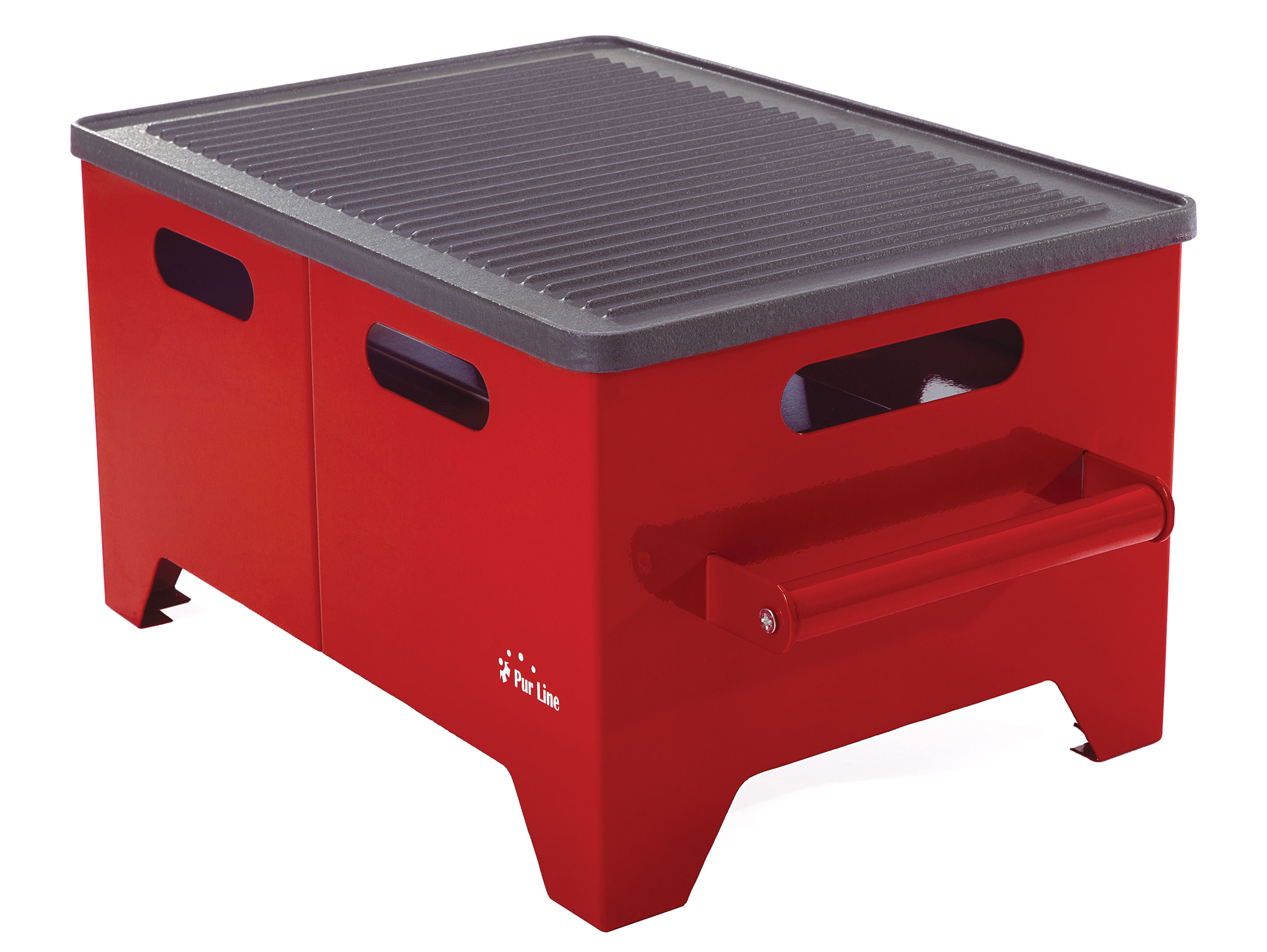 Ein roter Metallgrill mit schwarzem Rost, das Pur Line Logo ist sichtbar.