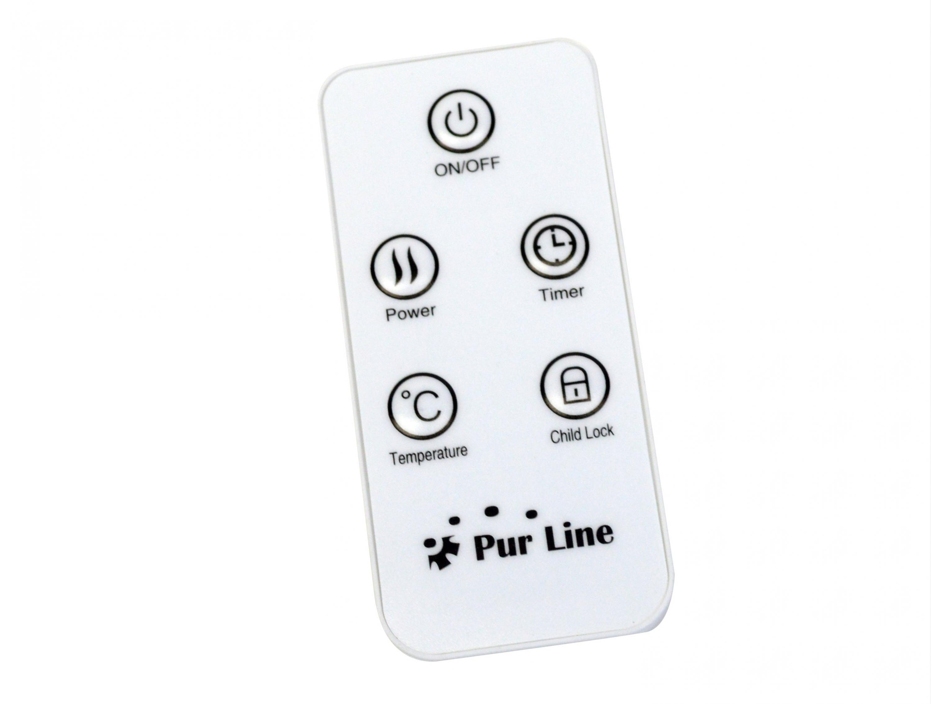 Mando a distancia blanco con iconos de encendido, potencia, temporizador, temperatura y bloqueo infantil. Logo Pur Line visible.