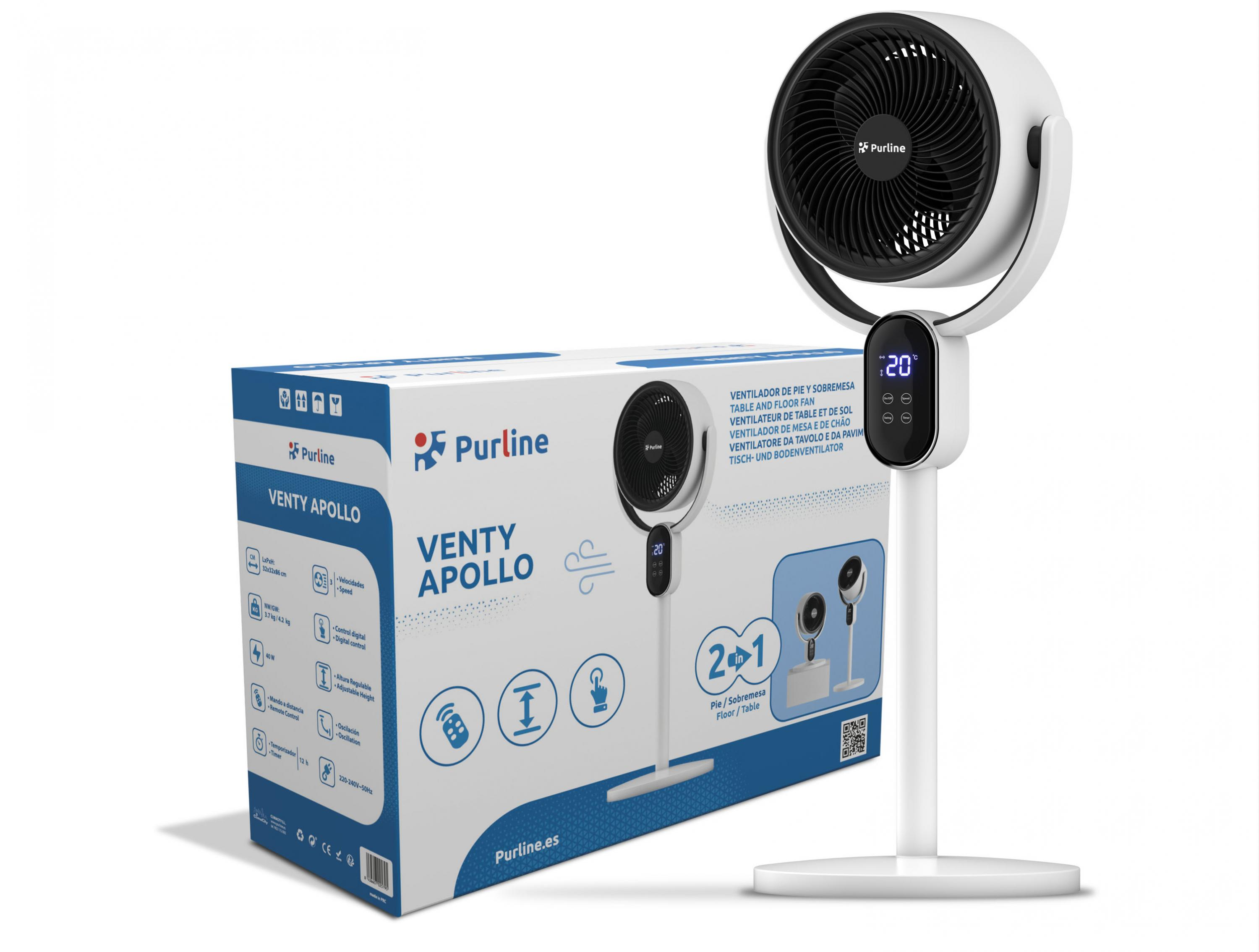 Ventilador blanco y negro con caja. La caja tiene la marca, el ventilador una pantalla digital.