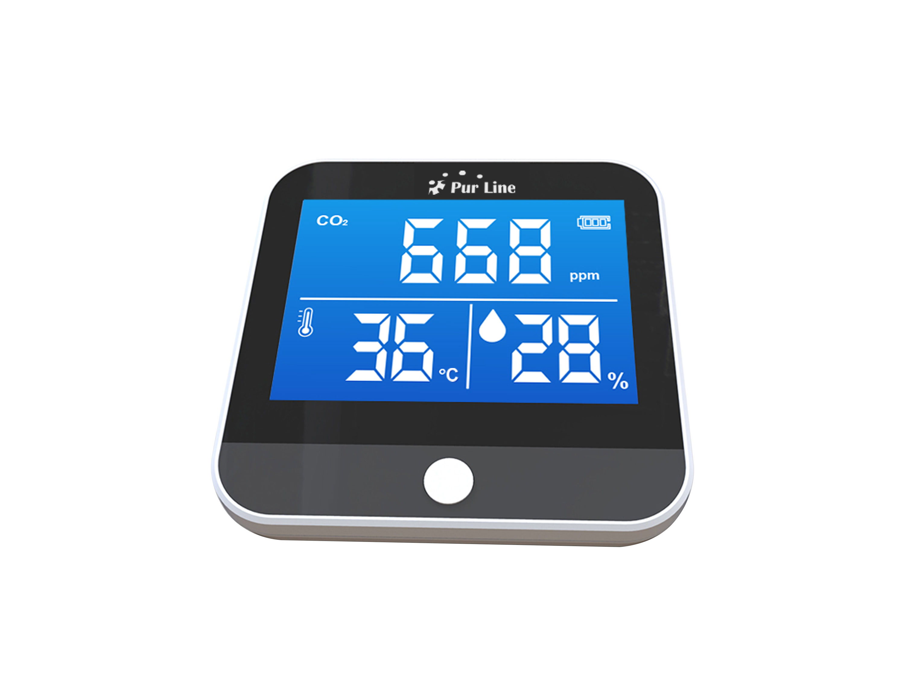 Dispositivo digital que muestra el nivel de CO2, la temperatura y la humedad en una pantalla azul. Marco negro.
