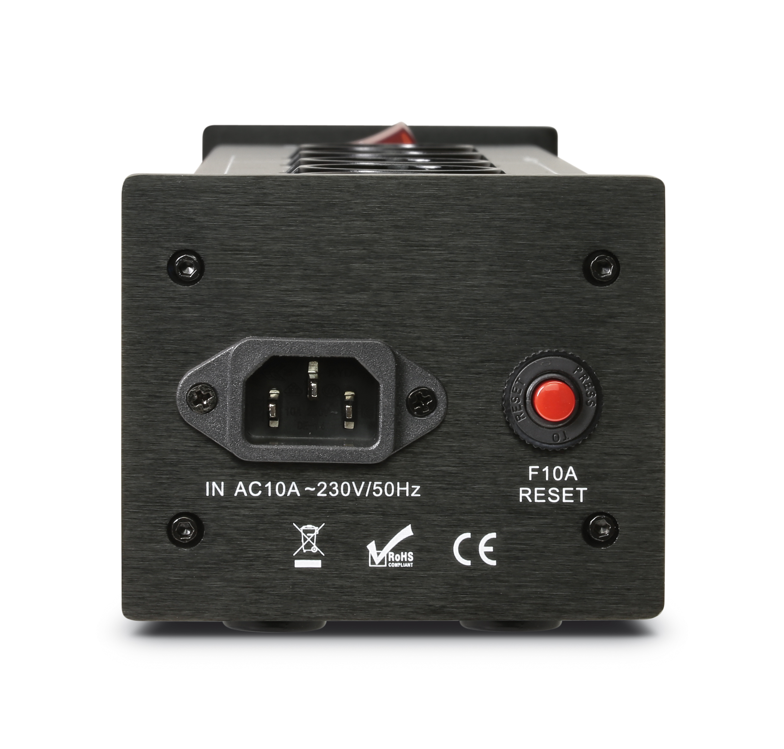 Schwarzes Elektrogerät mit Stromeingang, Reset-Taste und Zertifizierungen.