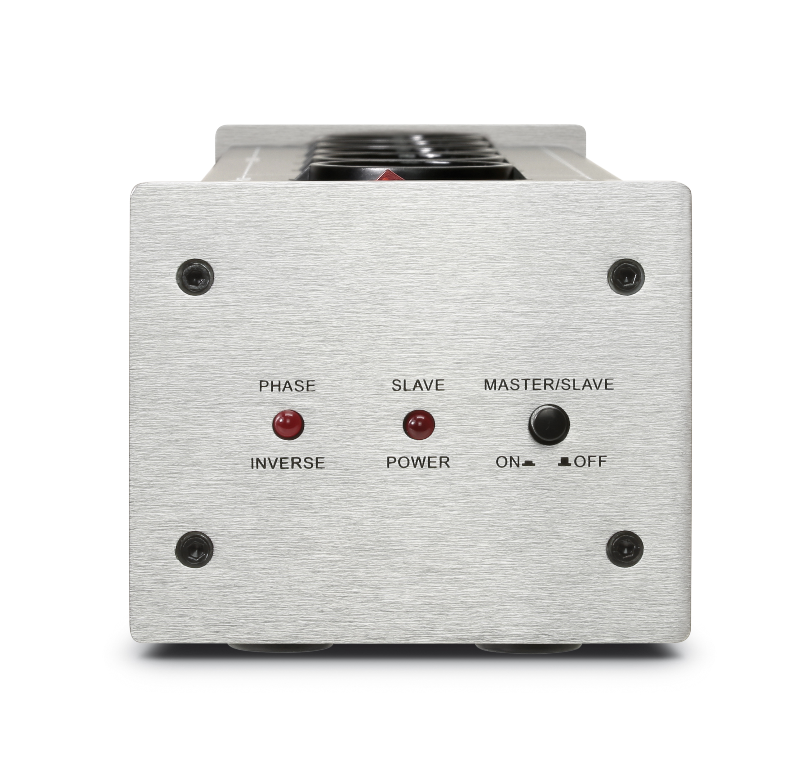 Parte frontale di dispositivo argentata con pulsanti e LED, etichettata Fase, Slave, Power.