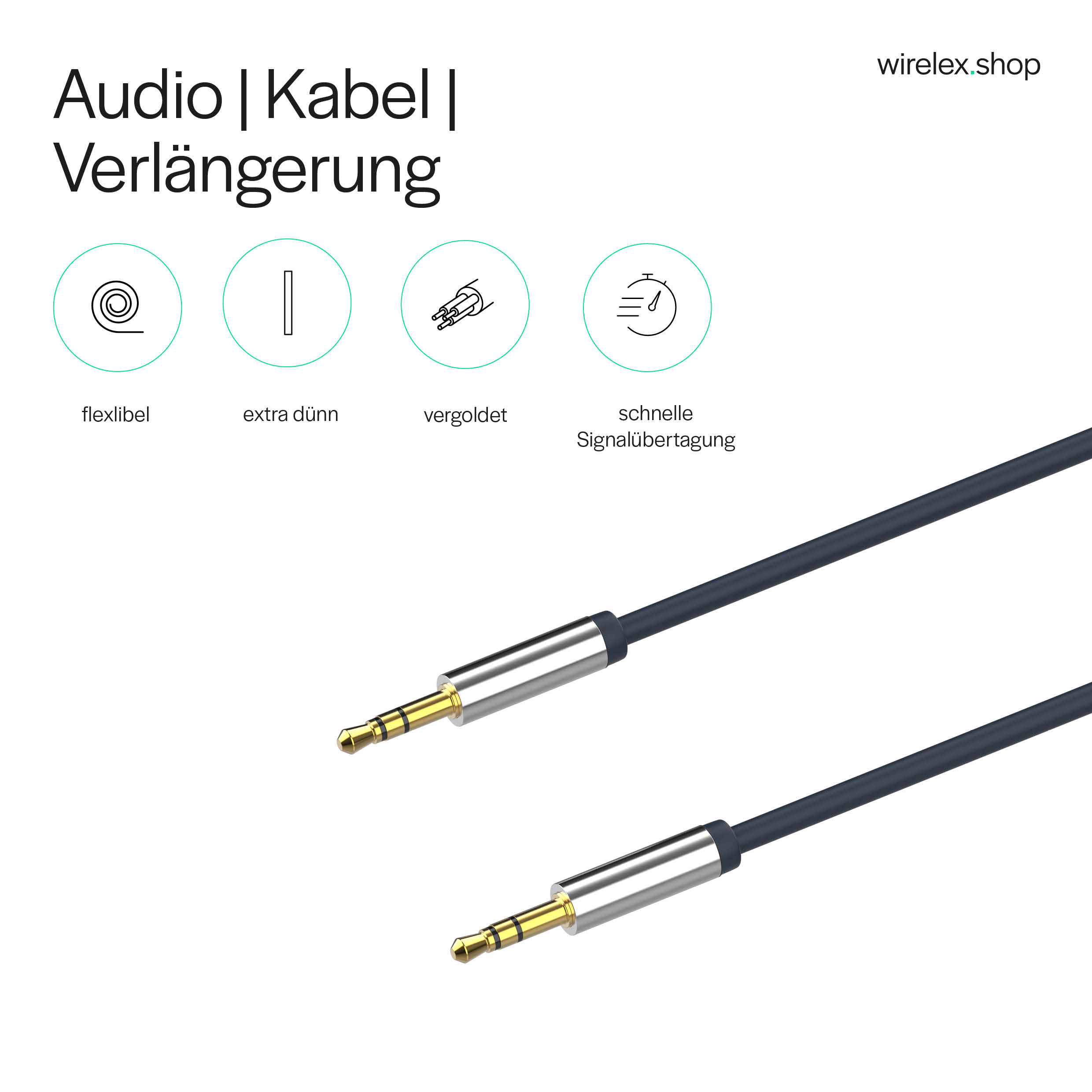 Schwarzes Audiokabel mit goldfarbenen Steckern, weißer Hintergrund.