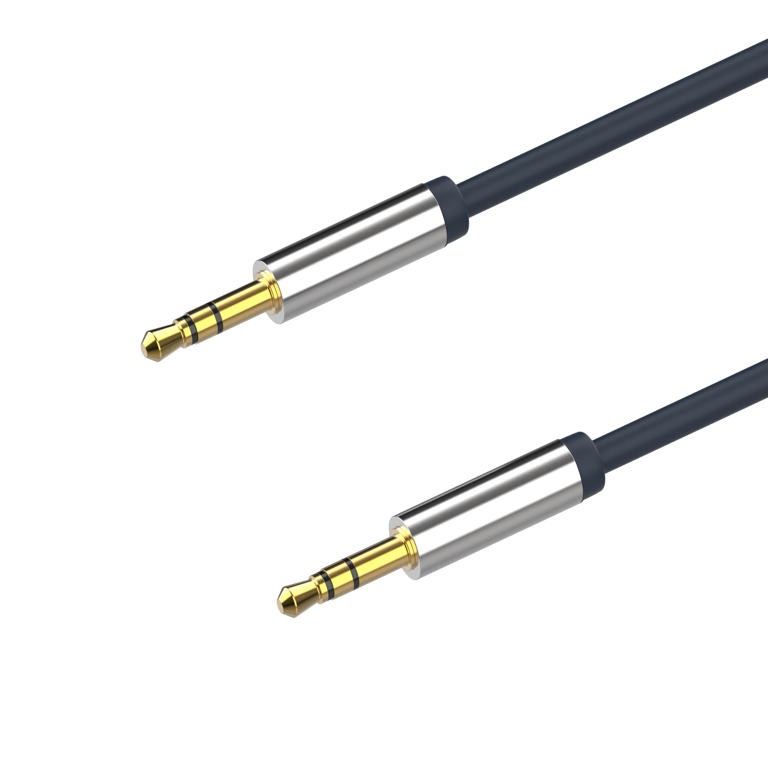 Zwei Audiokabel mit Goldspitzen und silbernen Gehäusen auf weißem Hintergrund.