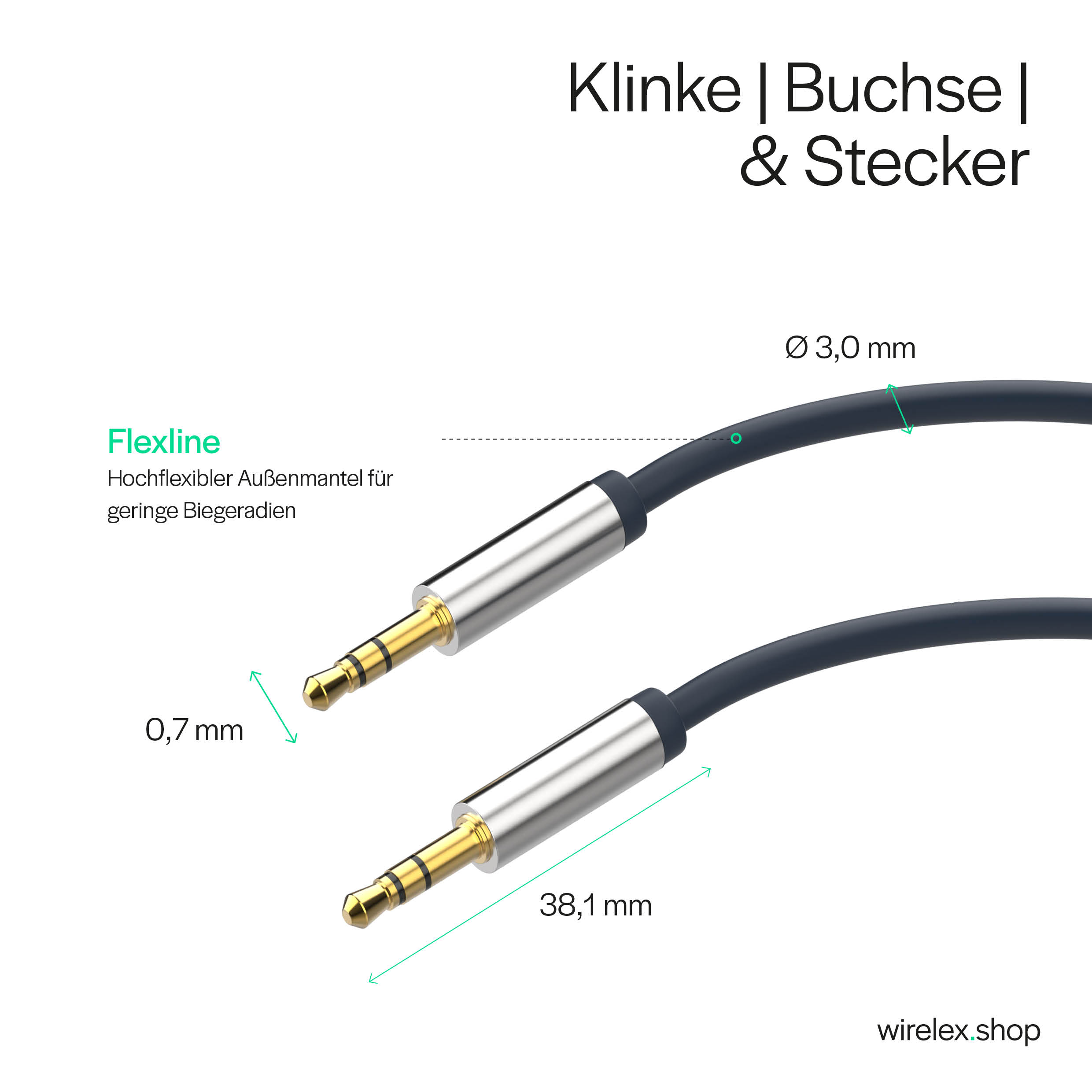 Zwei Audiokabel mit Goldspitzen, schwarzem Draht und silbernen Steckern, beschriftet mit Text und Maßen.