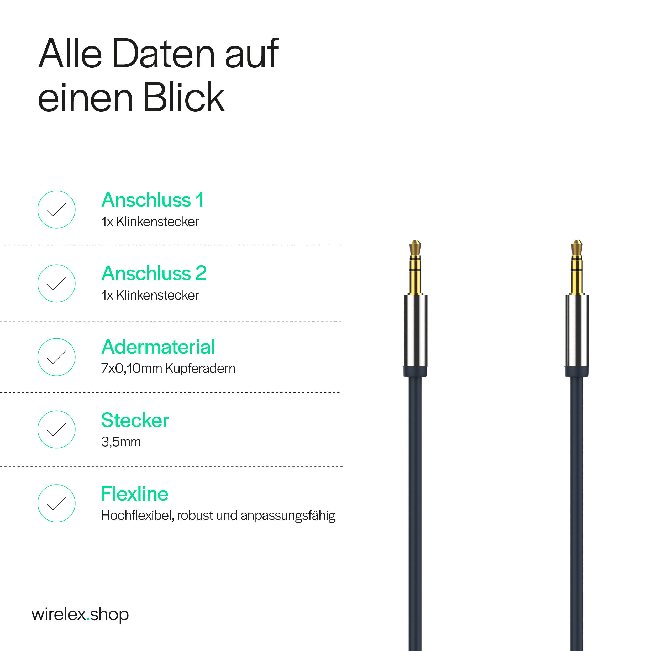 Diagramm mit den Merkmalen eines Audiokabels, einschließlich Anschlüssen und Flexline. Text auf Deutsch.