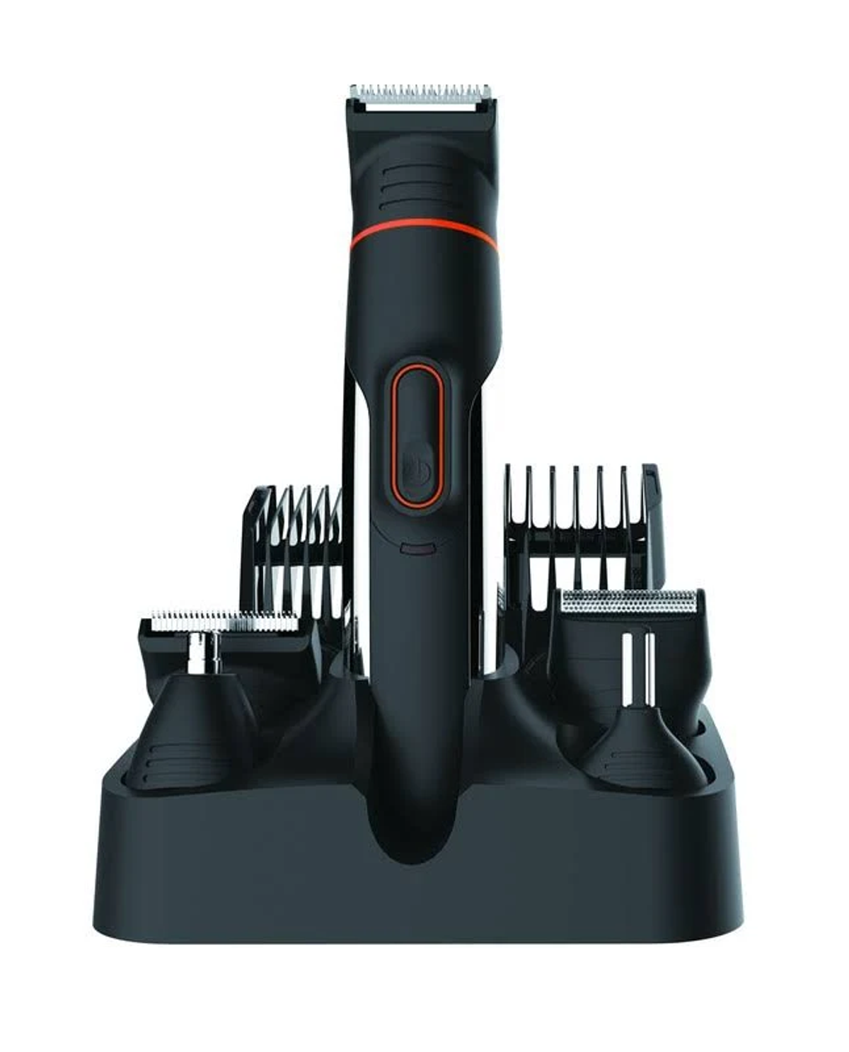 Un kit de aseo negro con varios accesorios, sobre fondo blanco.
