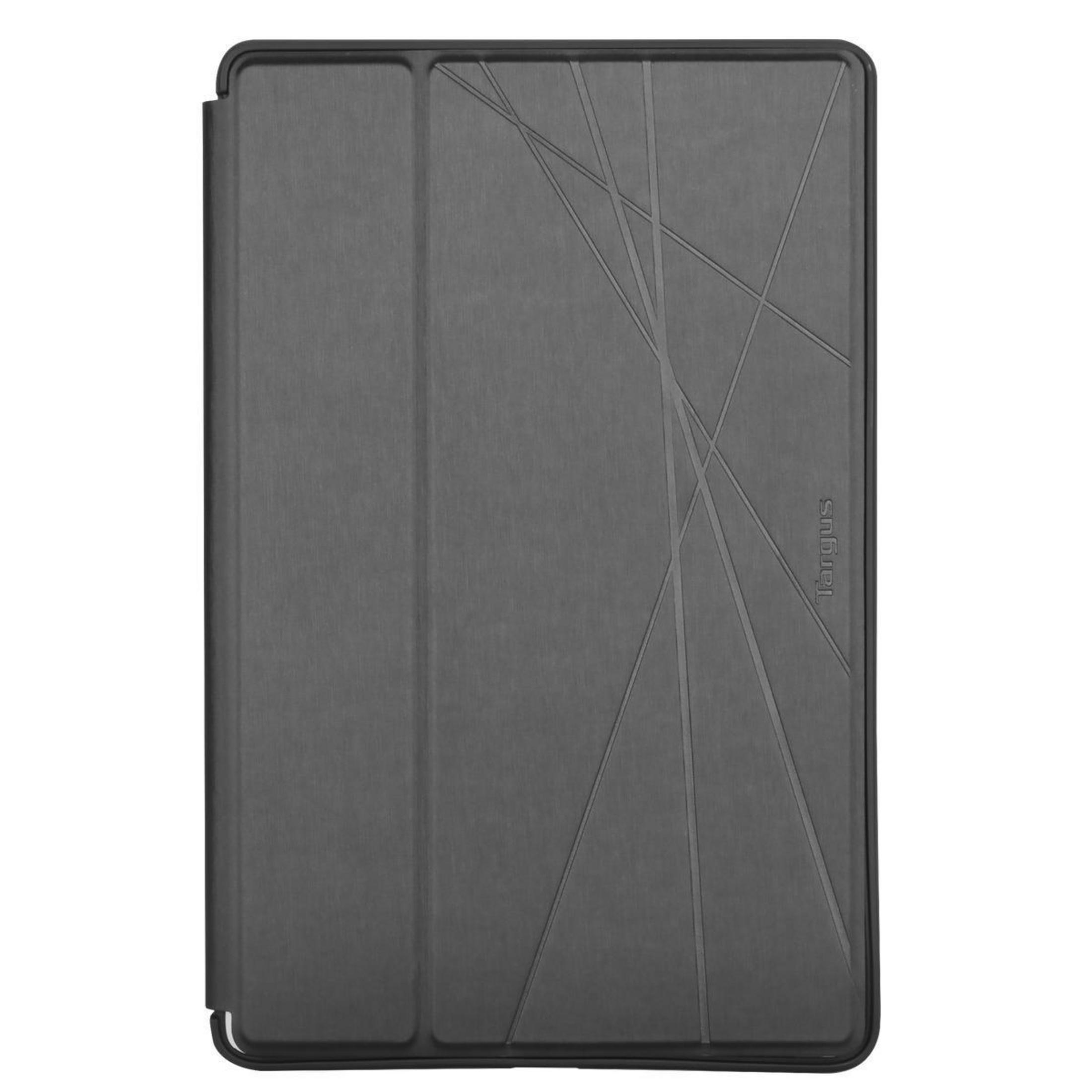 Funda de tableta gris oscuro. Diseño con líneas diagonales. Logo Targus visible.