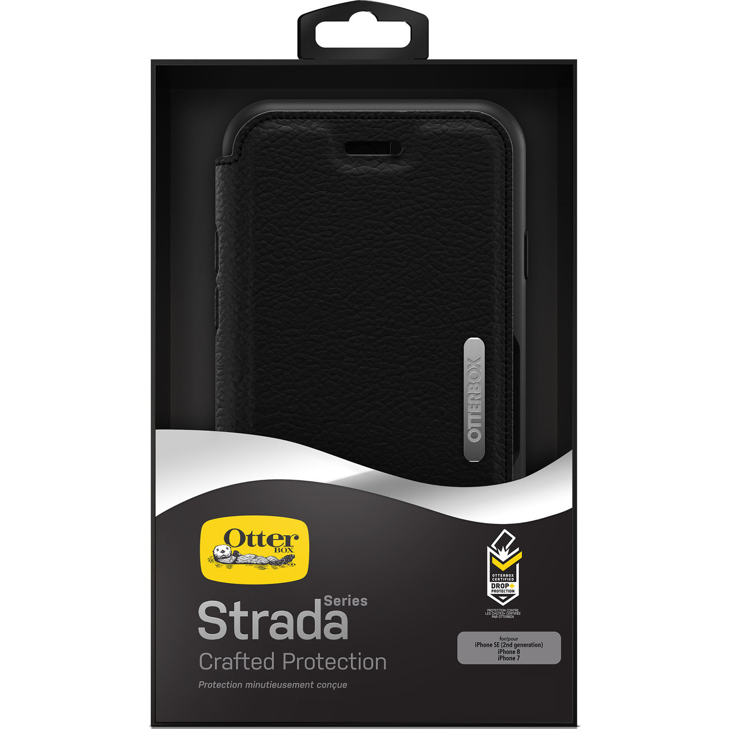 Zwarte telefoonhoes in een doos. Het toont het merk Otterbox en de productnaam: "Strada Crafted Protection".