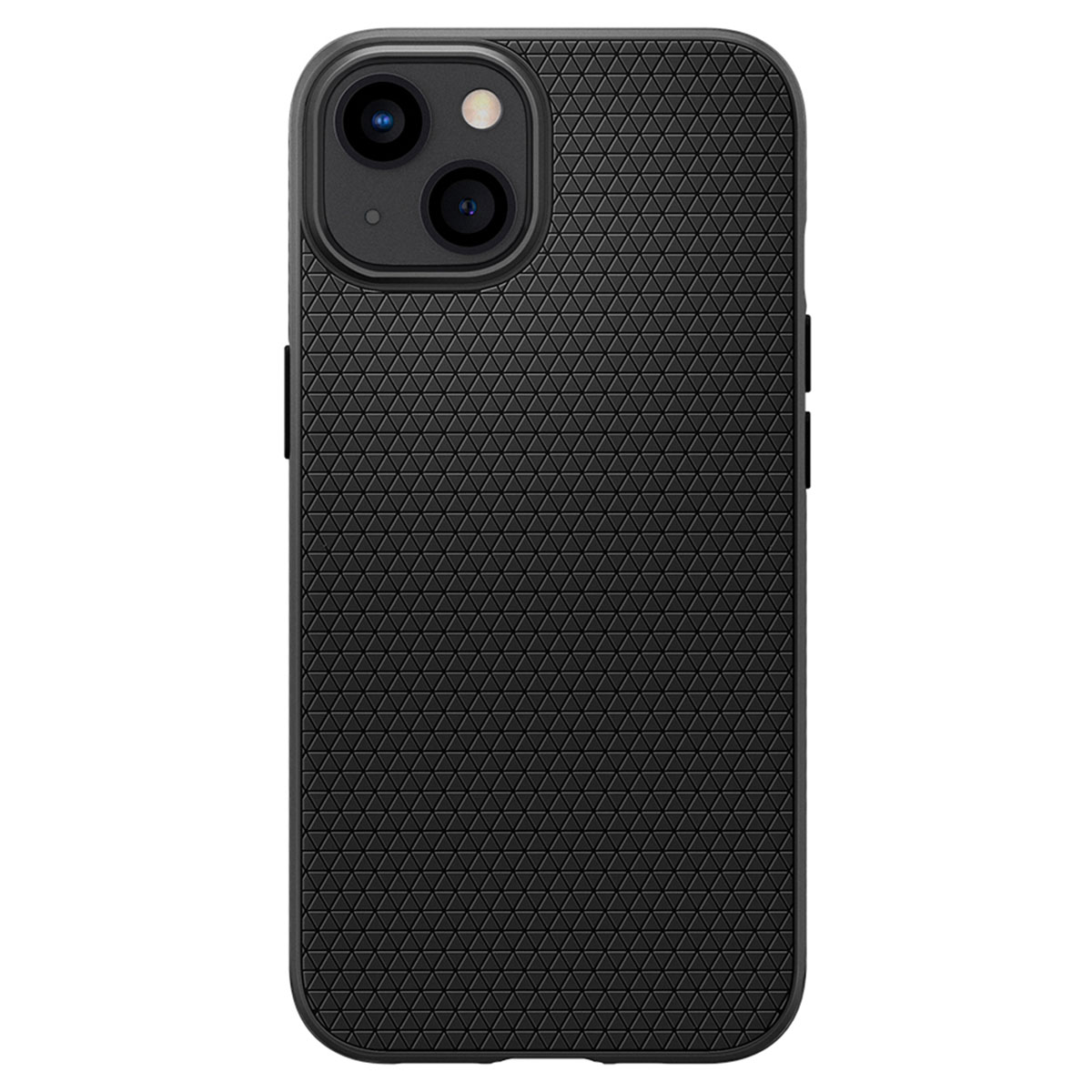 Een zwarte telefoonhoes met een textuur. De cameralens is linksboven zichtbaar.