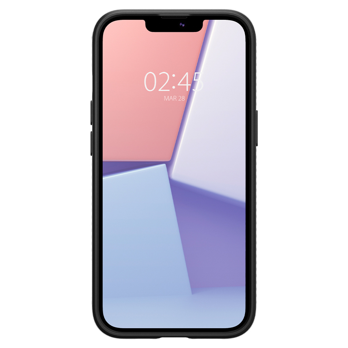 Zwarte telefoon met een scherm met een kleurrijk abstract ontwerp en de tijd, 02:45.