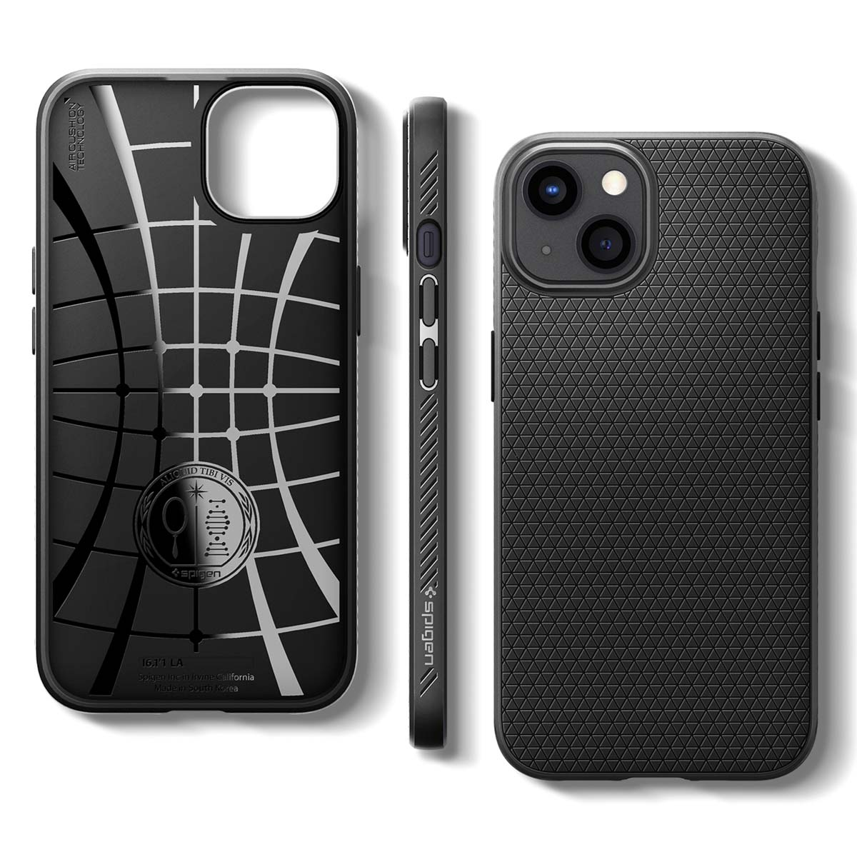 Zwarte telefoonhoes, drie aanzichten, met een getextureerd ontwerp.