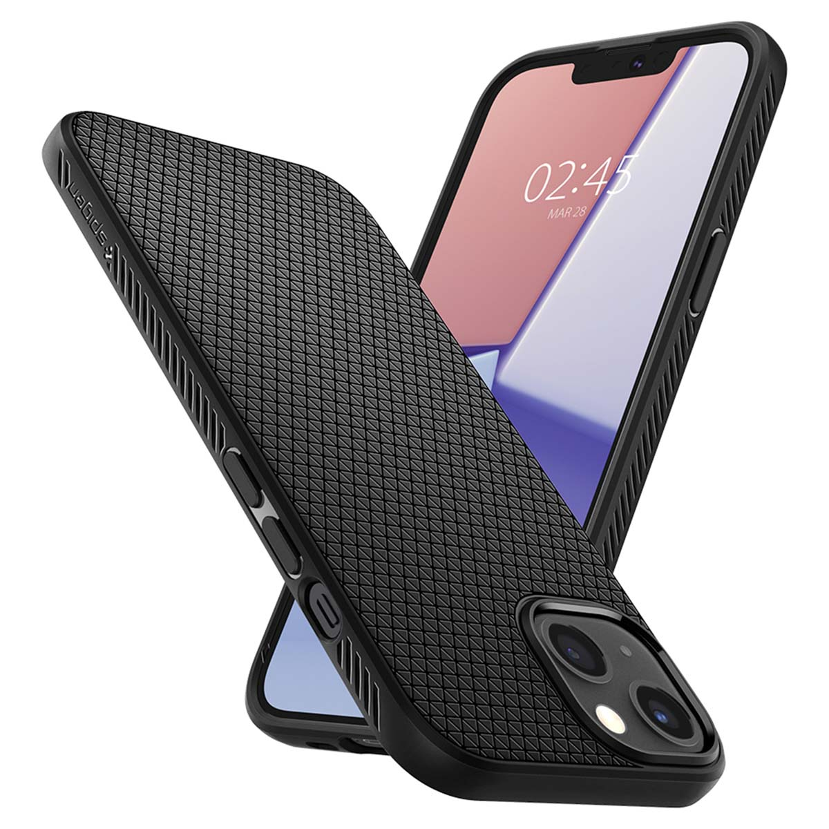 Twee zwarte iPhone-hoesjes, één schuin, met een textuuroppervlak. Een iPhone toont de tijd.