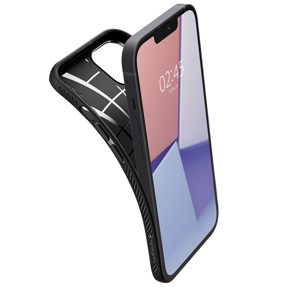 Een zwarte telefoonhoes met een telefoon erin, die het scherm van de telefoon met een klok en het ontwerp van de hoes laat zien.