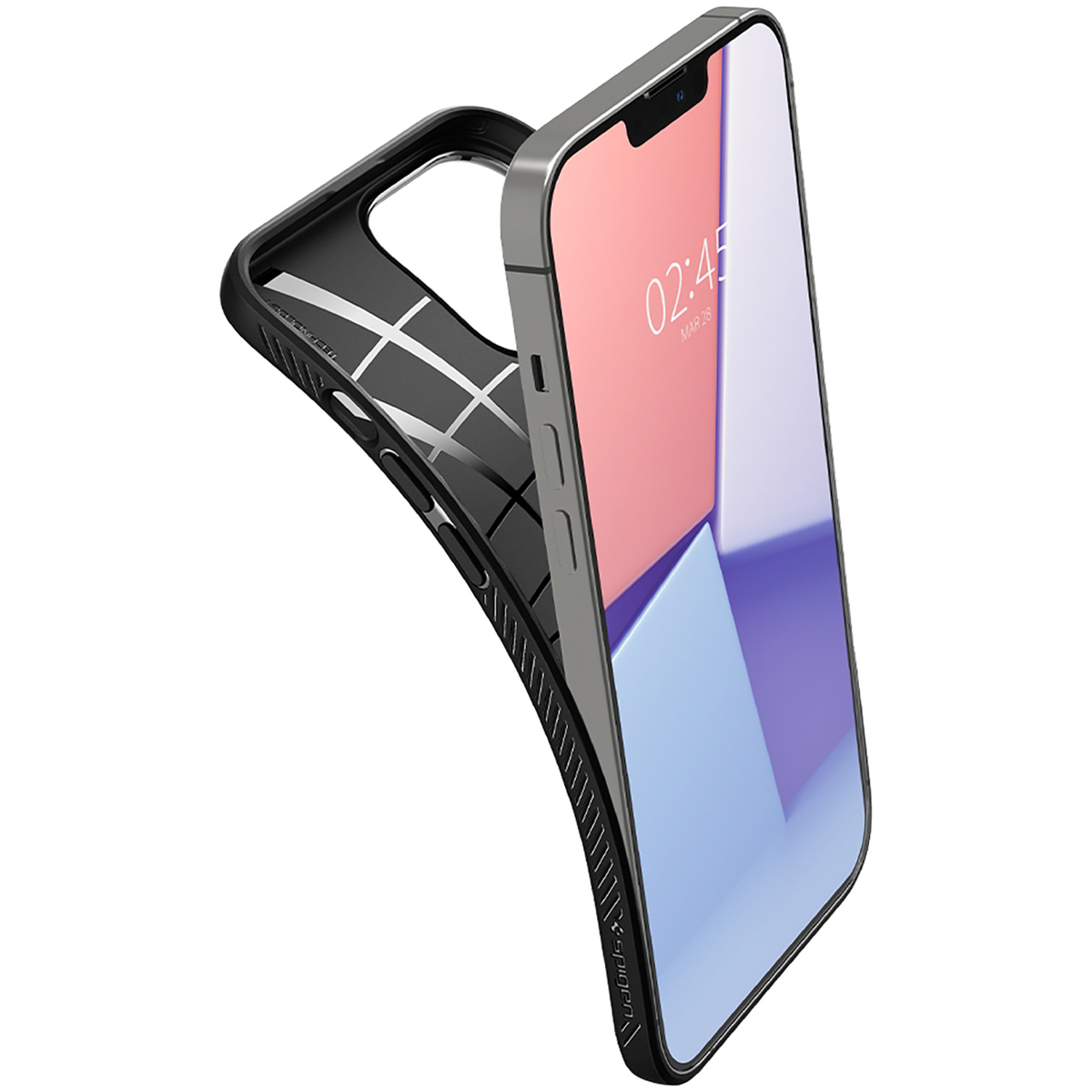 Telefono in una custodia nera, che mostra lo schermo del telefono con un'immagine viola e bianca.