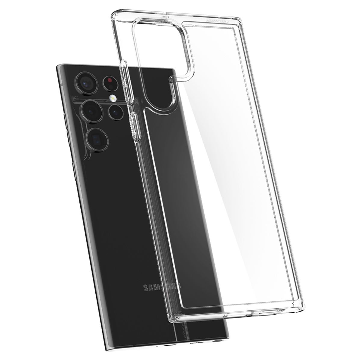 Téléphone noir avec coque transparente superposée. Coque avec découpe caméra. Téléphone visible.
