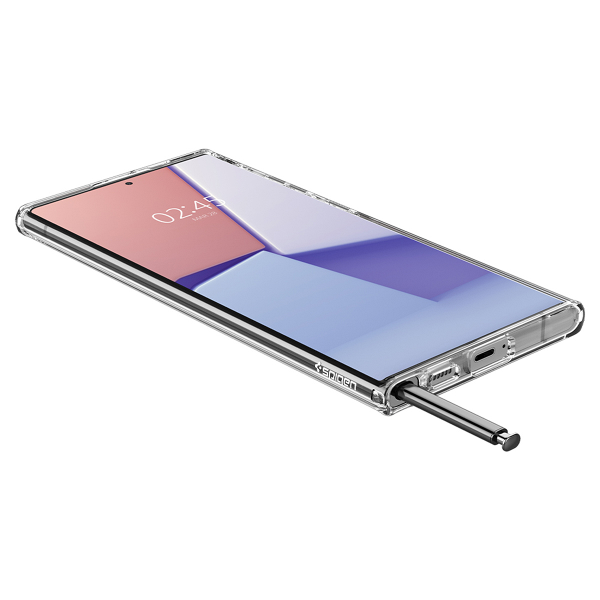 Téléphone avec étui transparent et stylet, incliné. L'écran a une palette de couleurs bleue et rose.