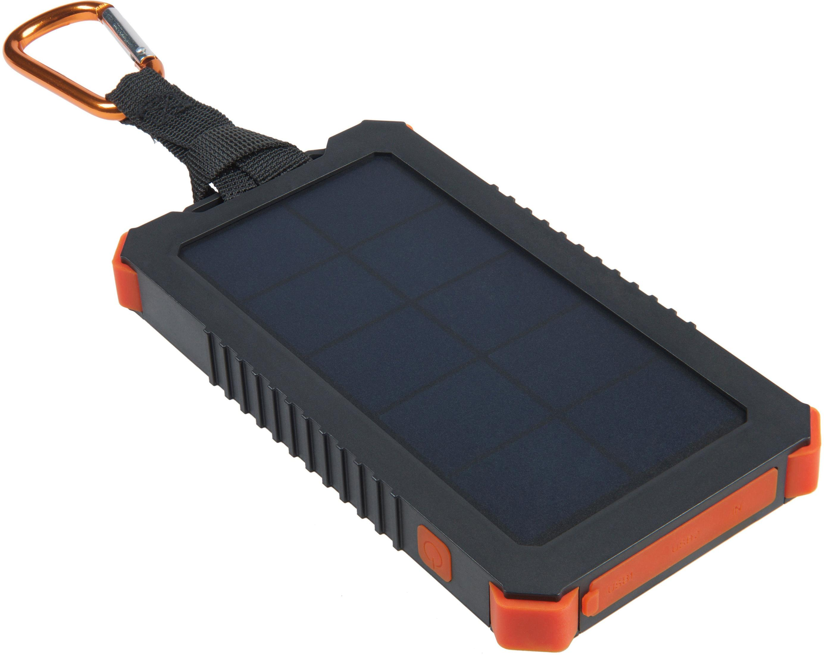 Power bank solare nero e arancione con pannello solare e moschettone.