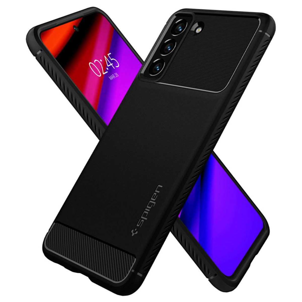 Twee zwarte telefoonhoesjes, één bovenop de ander, met een getextureerde achterkant en de merknaam 'Spigen'.