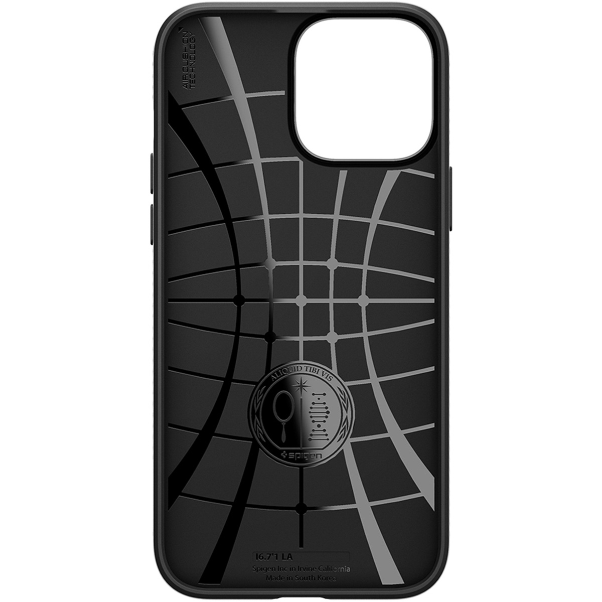 Custodia per telefono nera con motivo a griglia e logo. Presenta un ritaglio per la fotocamera.