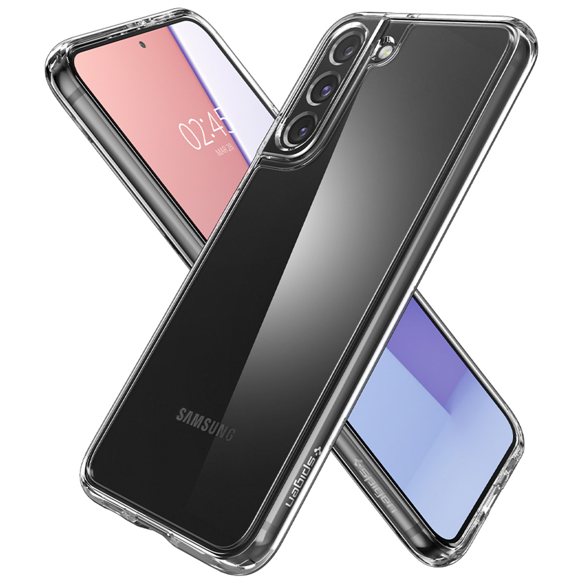 Due custodie trasparenti per telefono con smartphone, una con fotocamera e logo.