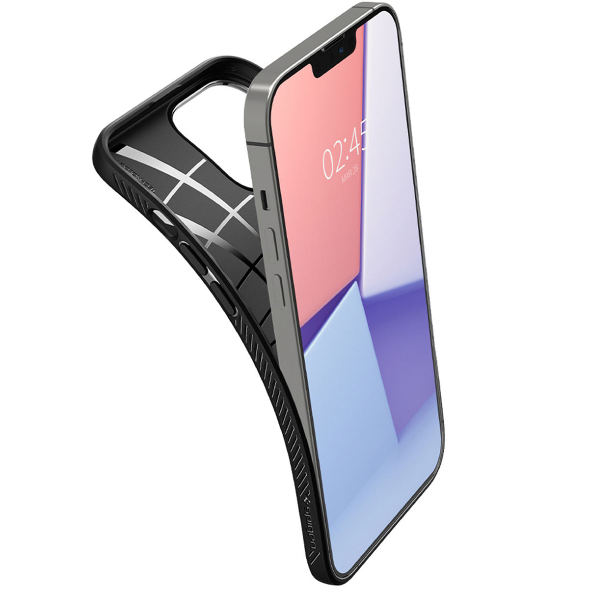 Una custodia nera protegge uno smartphone moderno con grafica di sfondo rosa e blu.