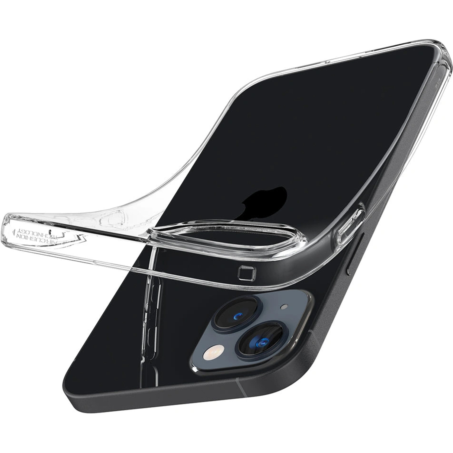 Przezroczyste etui na telefon jest na czarnym telefonie. Telefon ma aparat, a etui jest pod kątem.
