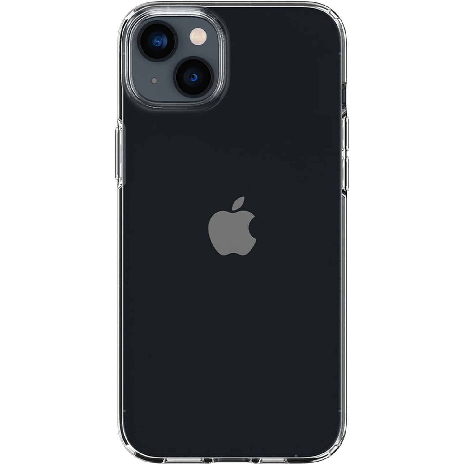 Czarny iPhone z przezroczystym etui i logo Apple z tyłu.
