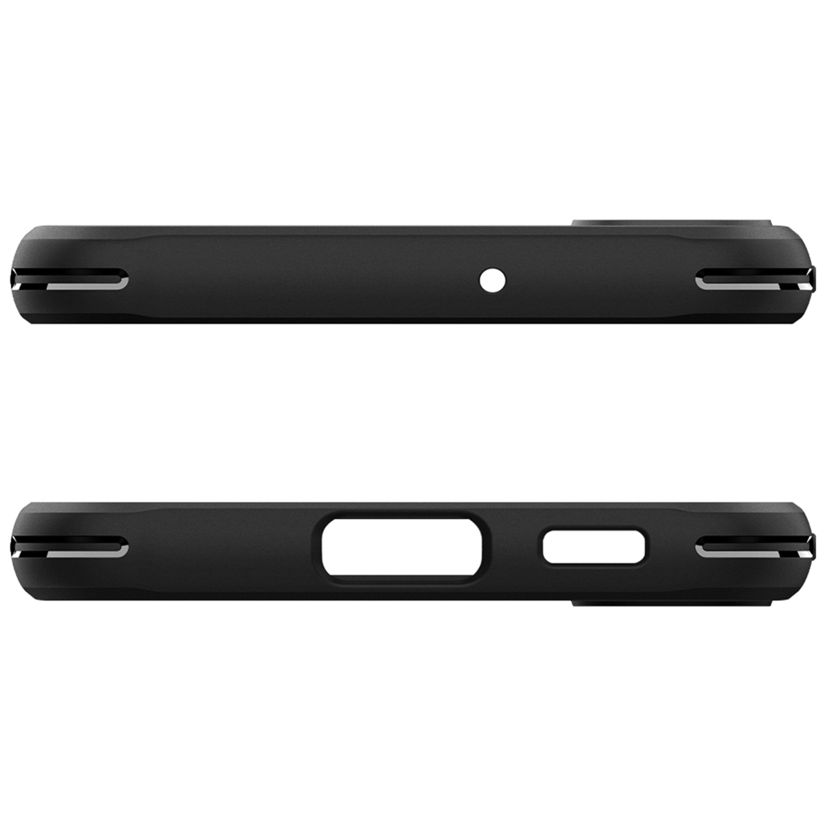Zwei schwarze Telefon-Seitenansichten. Die obere Ansicht hat ein kleines Loch, die untere ein größeres.