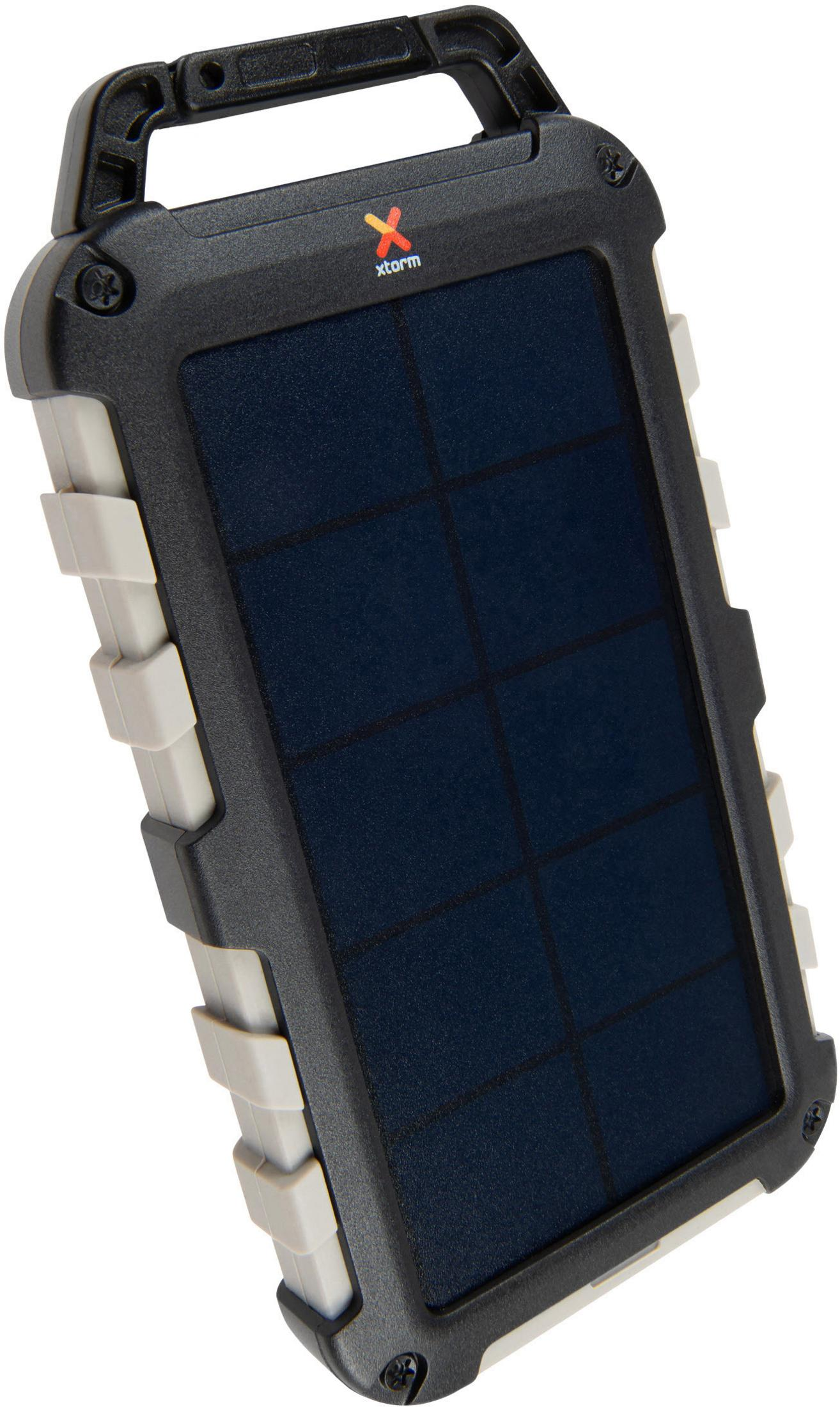 Dispositivo a pannello solare nero e grigio con maniglia, su sfondo bianco.