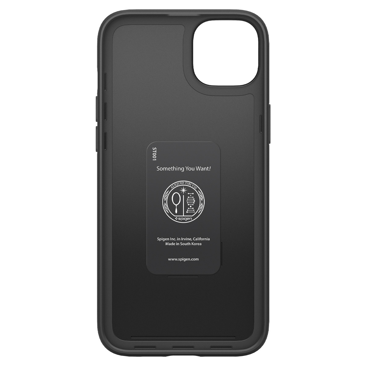 Vista interna di una custodia nera per telefono, con logo Spigen su un adesivo bianco.