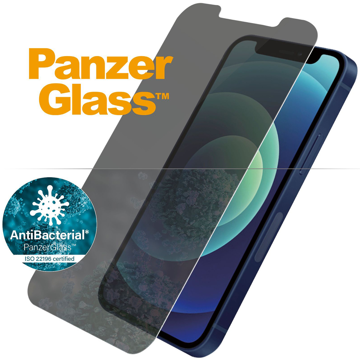 Un telefono blu con protezione schermo PanzerGlass. Logo e testo AntiBacterial visibili.