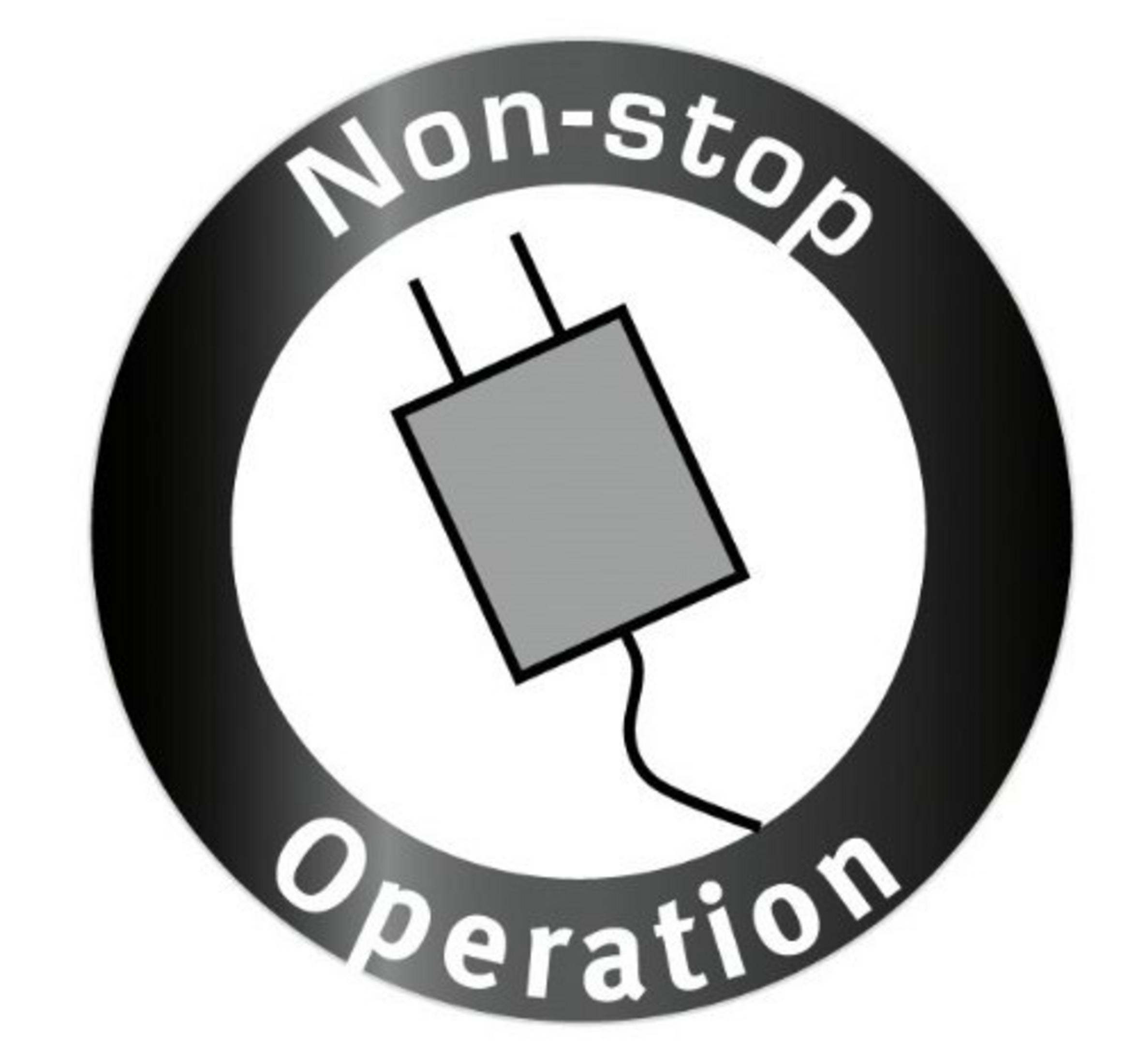 Schwarz-weißes Emblem mit 'Non-stop Operation'. Ein Stecker-Symbol befindet sich in der Mitte.