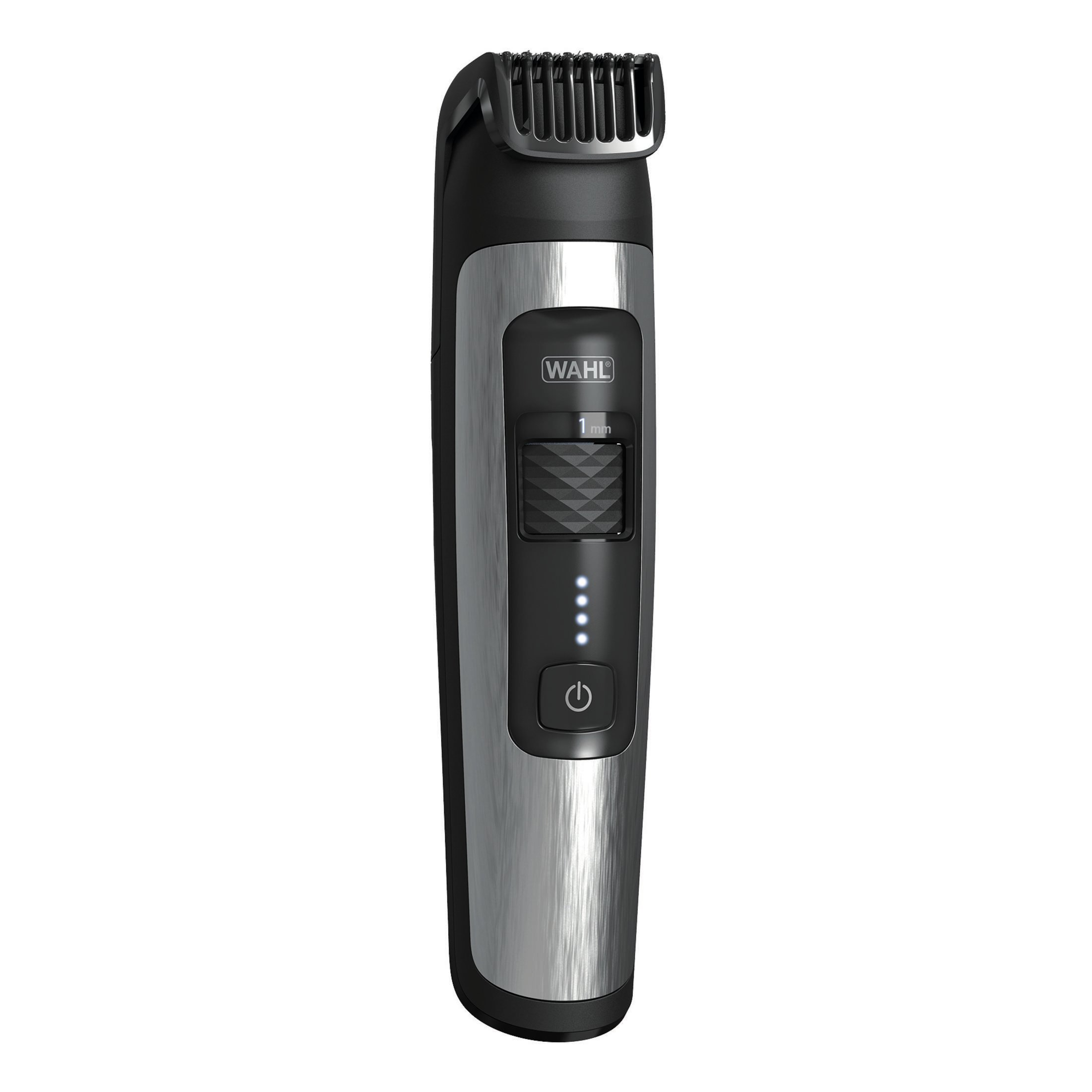 Recortadora de barba plateada y negra. La recortadora está encendida, mostrando la energía.