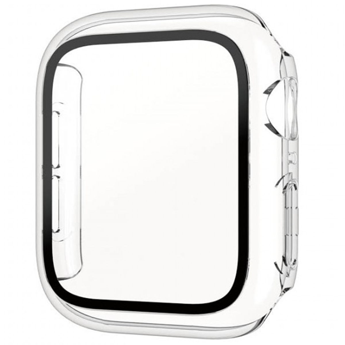 Przezroczyste etui na smartwatch, widok z boku. Przezroczyste etui, czarna ramka wokół ekranu.